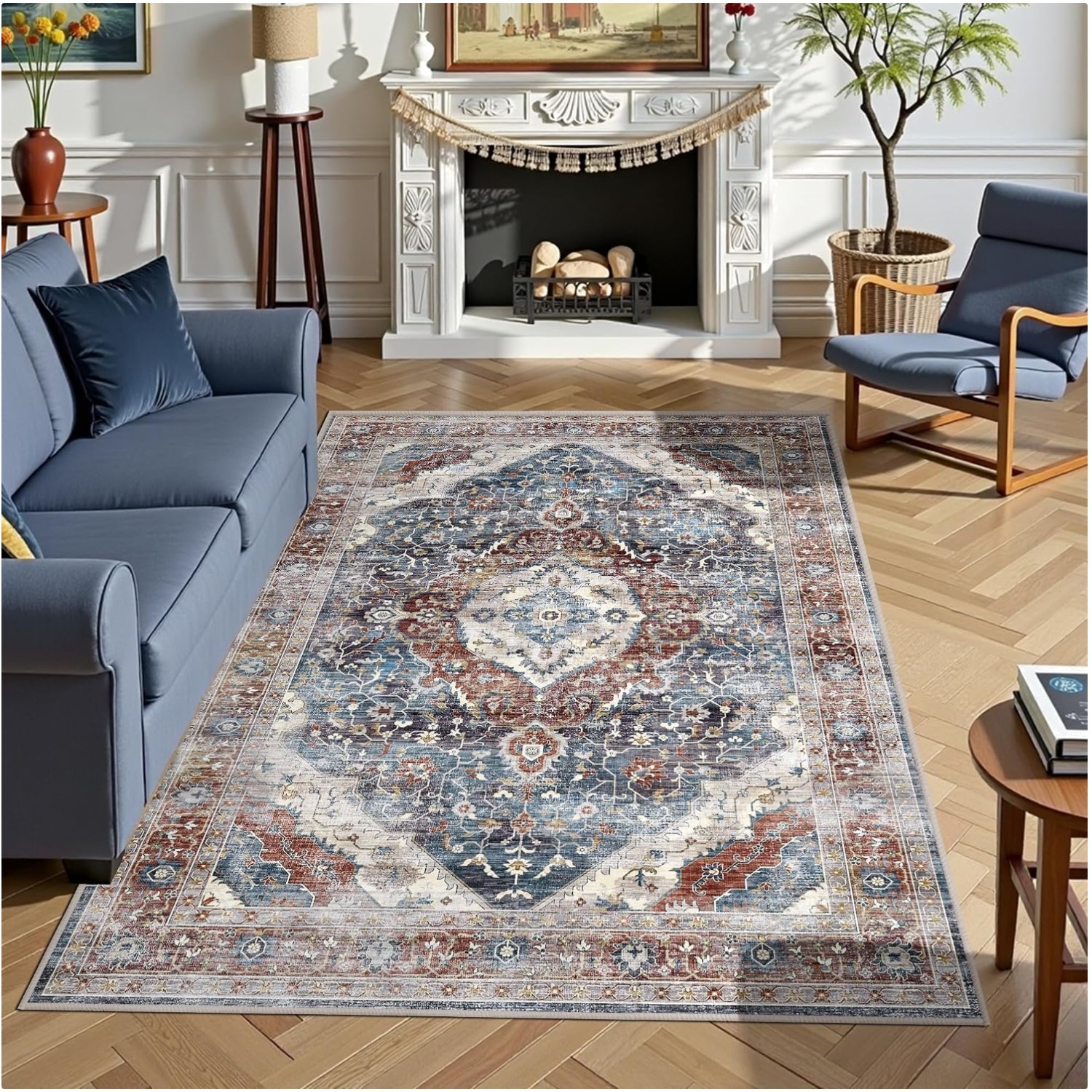 Oriental Floral 5×7 Rug – Kid & Pet Friendly, Non-Slip Carpet for High Traffic