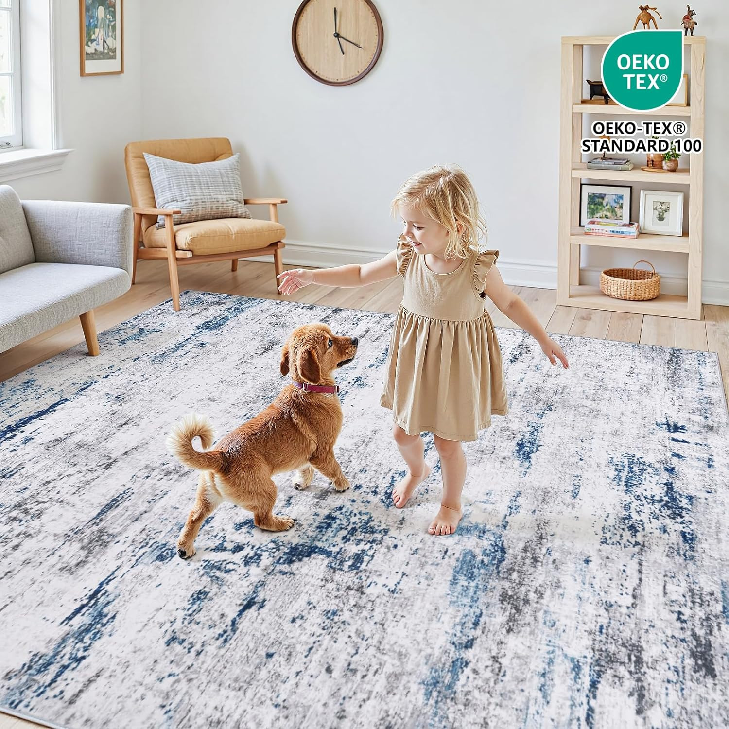 5×7 Area Rug Soft Indoor Carpet Modern Abstract Non Slip White Gray Blue