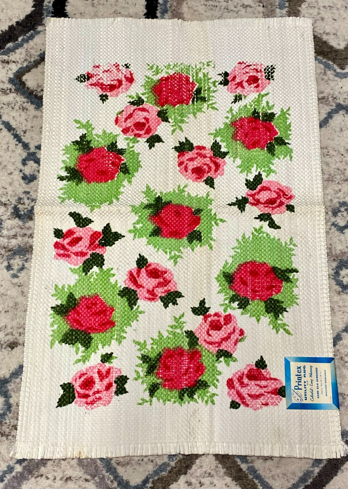 Vintage Printex Utility Rug Floral Roses With Original Tags – 1960s – 21″ x 32″
