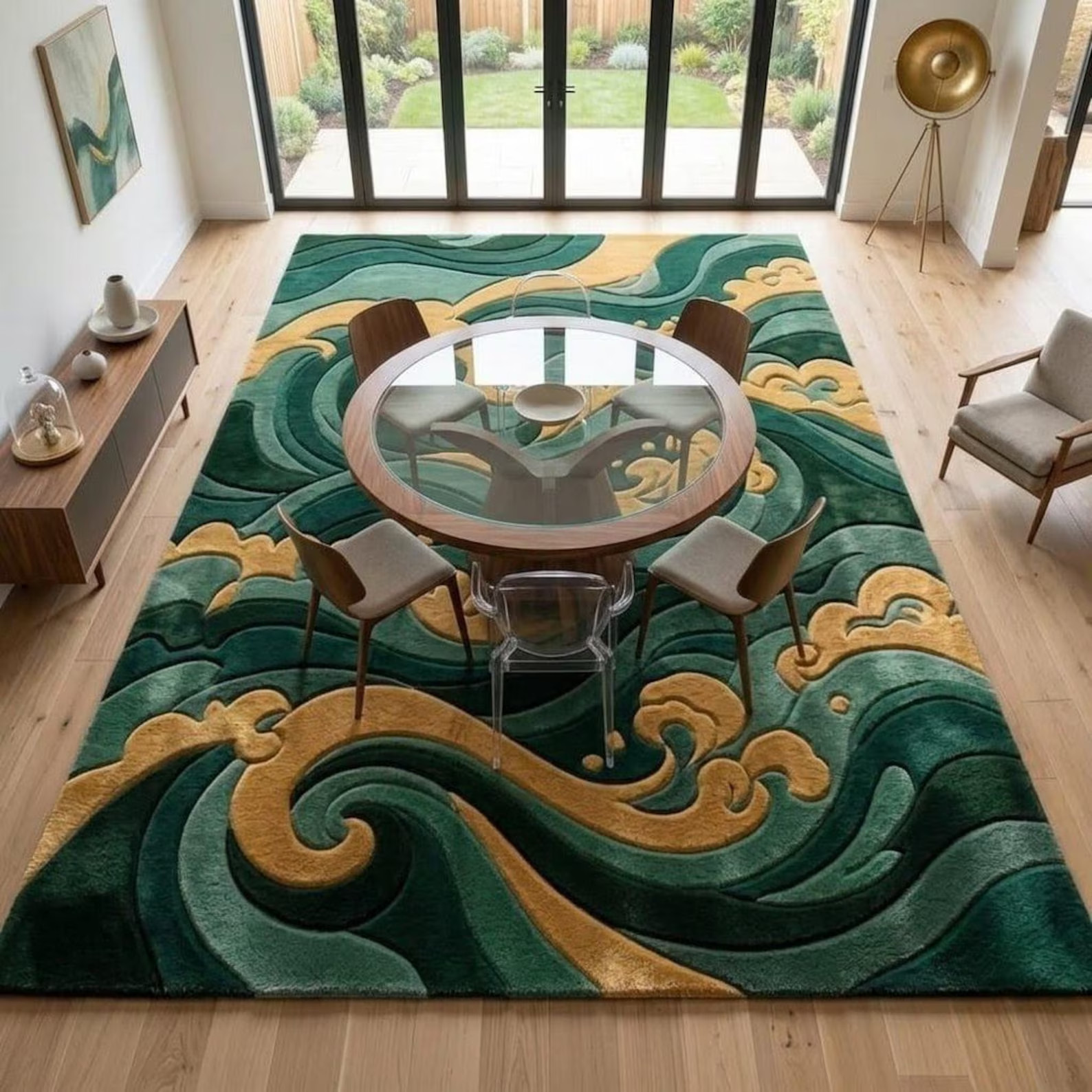 Hand Tufted Wave Rug, 3D Textured Emerald Green Wool Rug Large Area Rug
