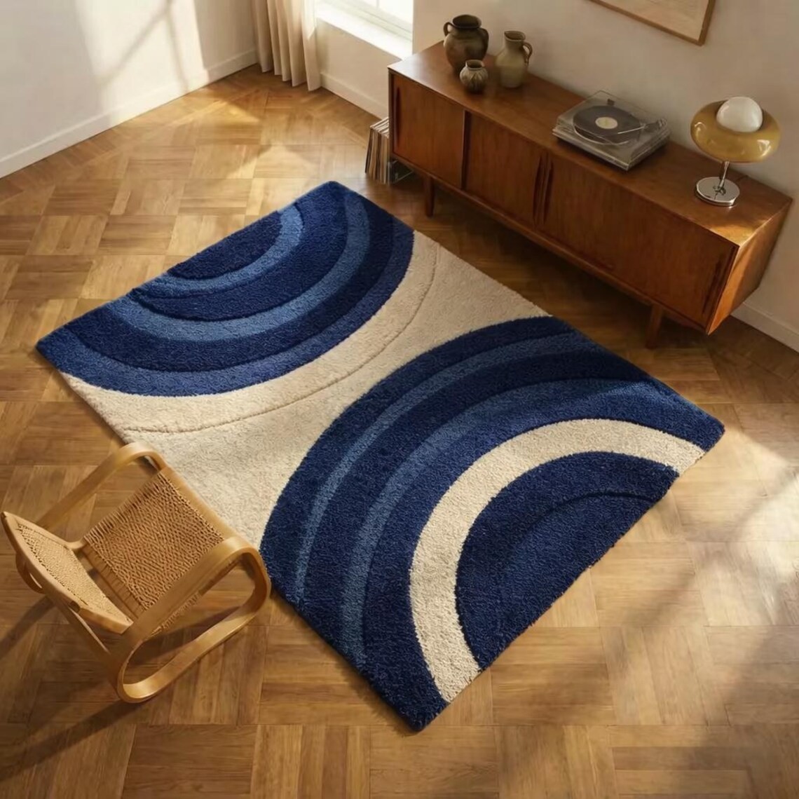 Modern Abstract Blue Area Rug, Hand Tufted Wool Geometric Rug, Contemporary Rug