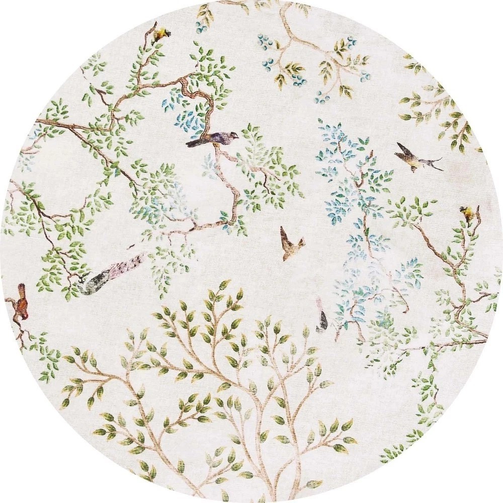 Round Rugs 4ft Ivory Botanical Birds Print Machine Washable 4′ Circle Nature …