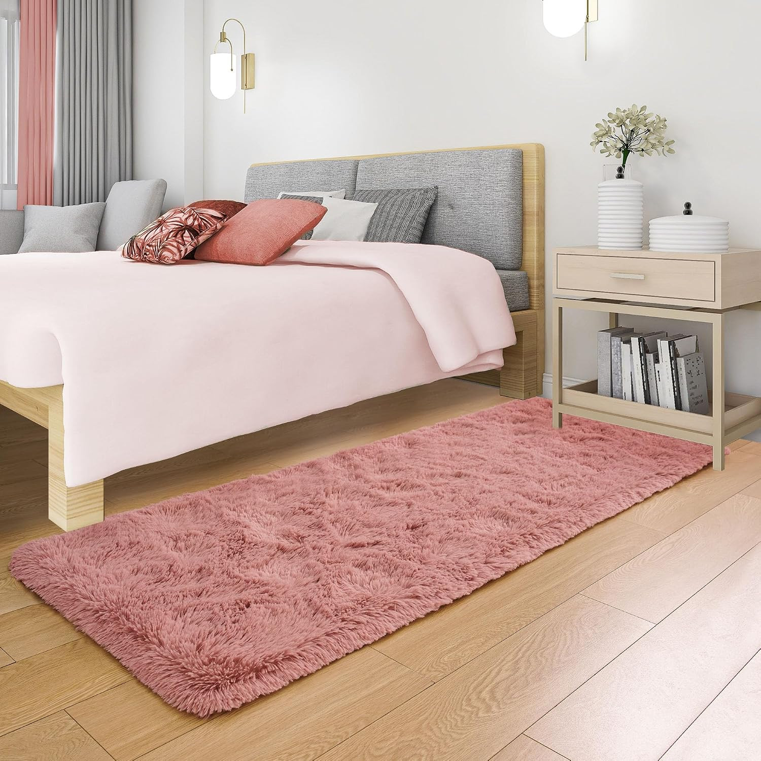 Tepook Soft Runner Rugs for Bedroom 2×6 ft with Rubber Backing, Blush Fluffy Rug