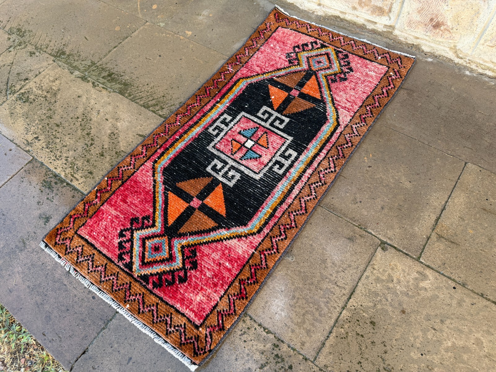 Vintage Kurdish Tribal Rug 1.6×3.3 ft Coral Red Black Geometric Wool Mat