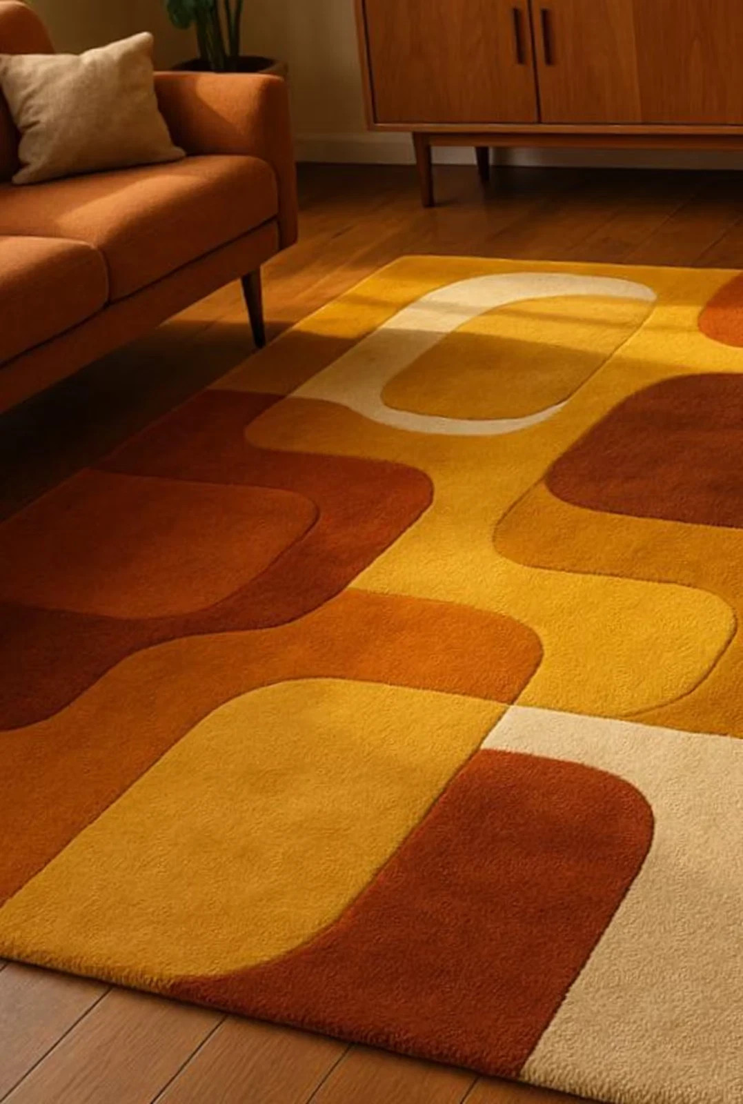 Mid Century Modern Wool Rug Geometric Area Rug Burnt Orange Mustard Yellow
