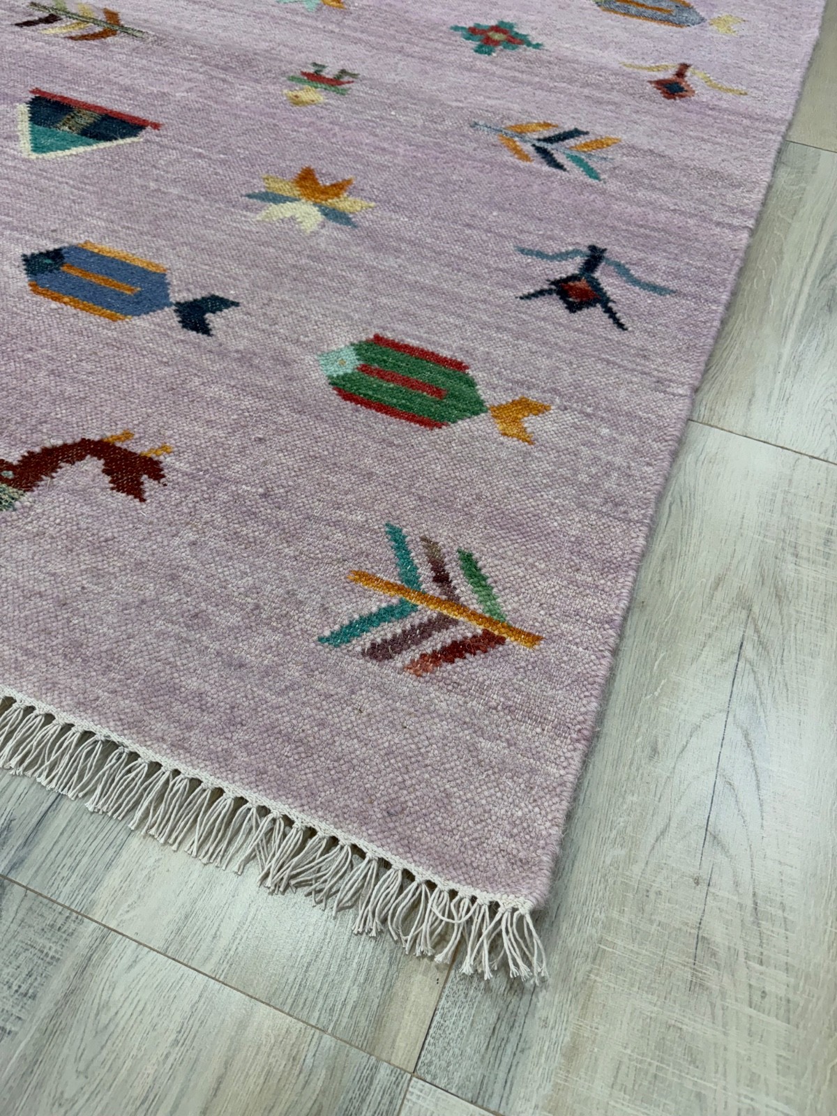 Tribal Handwoven Wool Rug 4×6 Lavender Flatweave Scandinavian Folk Art Kilim Rug