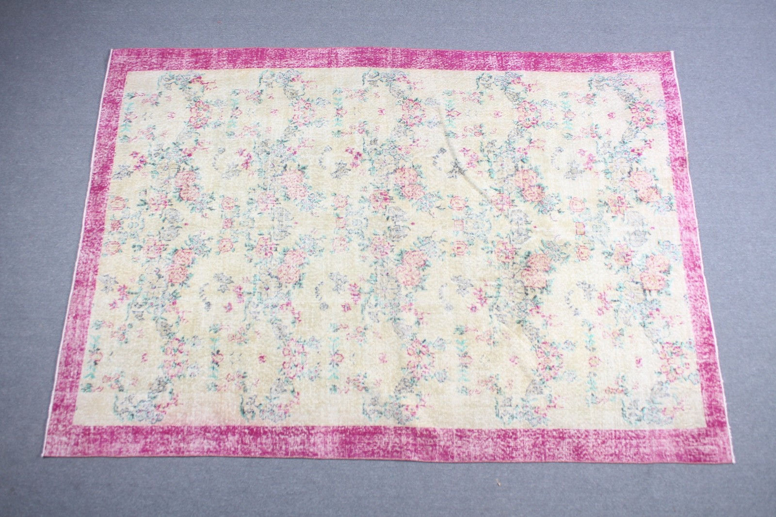 Turkish Vintage Rug, 6,9×9,7 ft Rug, Pink White Oriental Rug