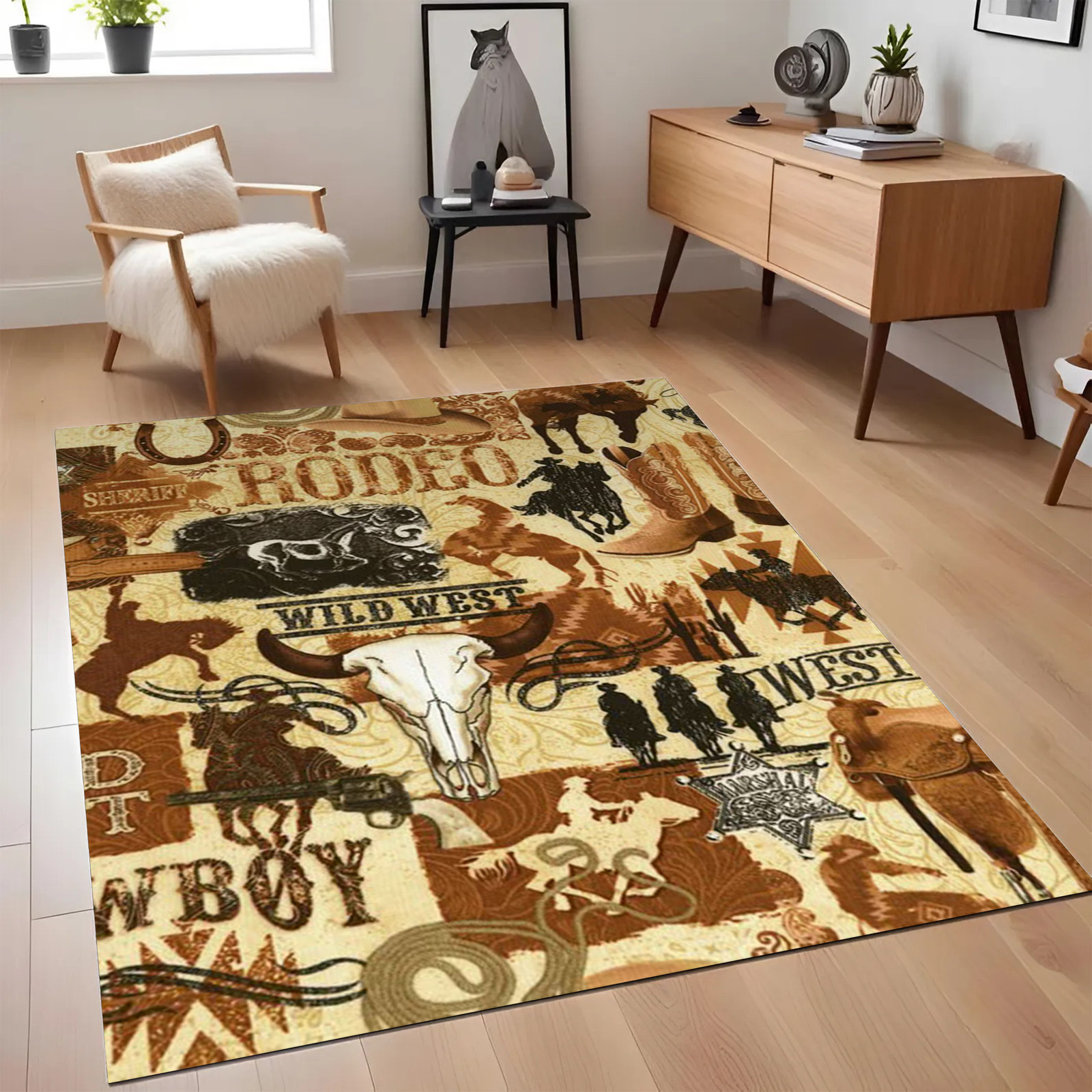 Wild West Cowboy Rug with Rodeo Bull Skull Boots Sheriff Star Western Carpet