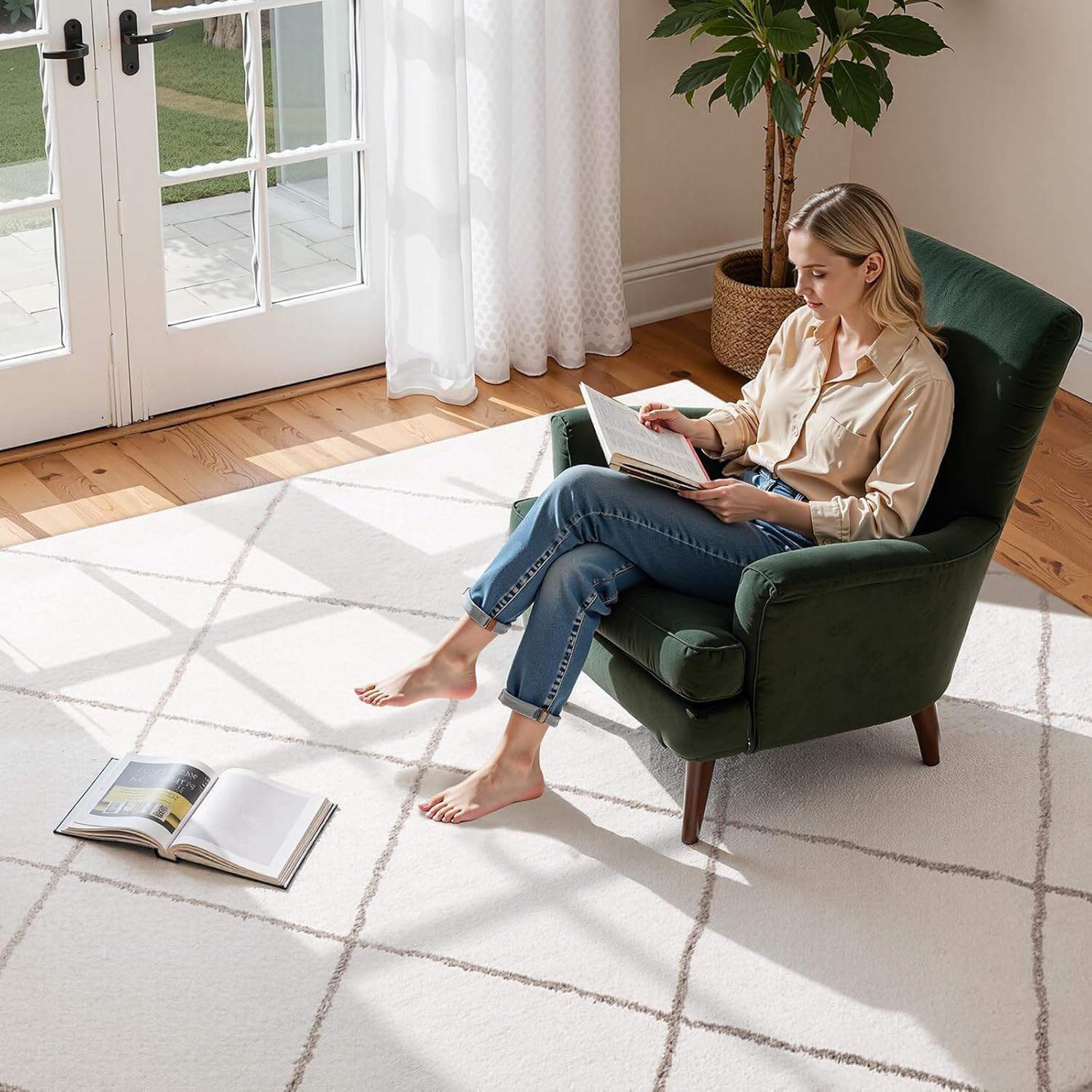 Beige Plush Area Rug 8×10 Ft – Soft, Durable, Non-Slip for High-Traffic Areas