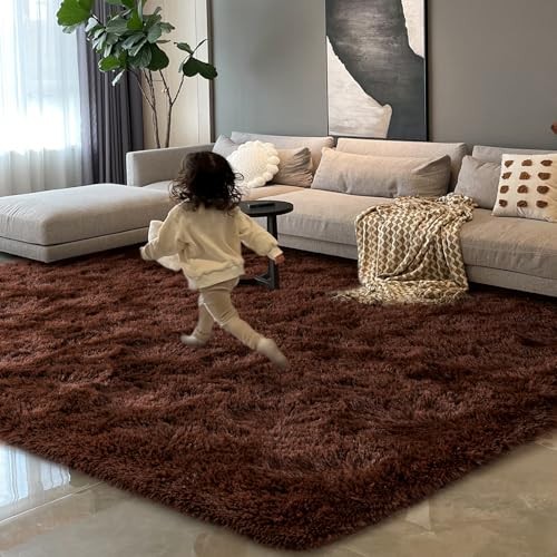 Brown Rugs for Living Room, 5×8 Feet Fluffy Shag Area Rug for Bedroom, Super