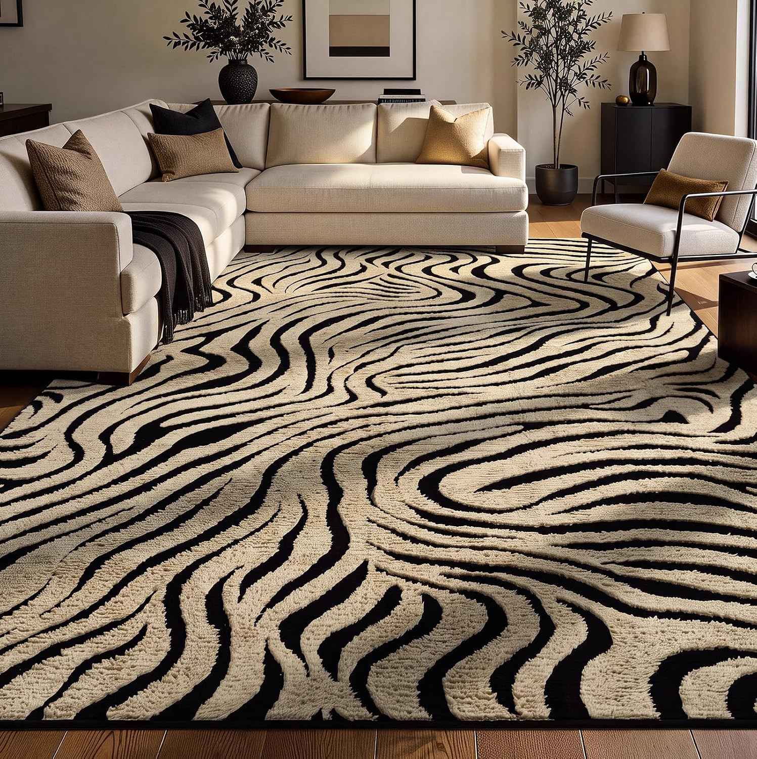 8×10 Ft Area Rugs for Living Room: Modern Washable Rug – Abstract Black and Crea