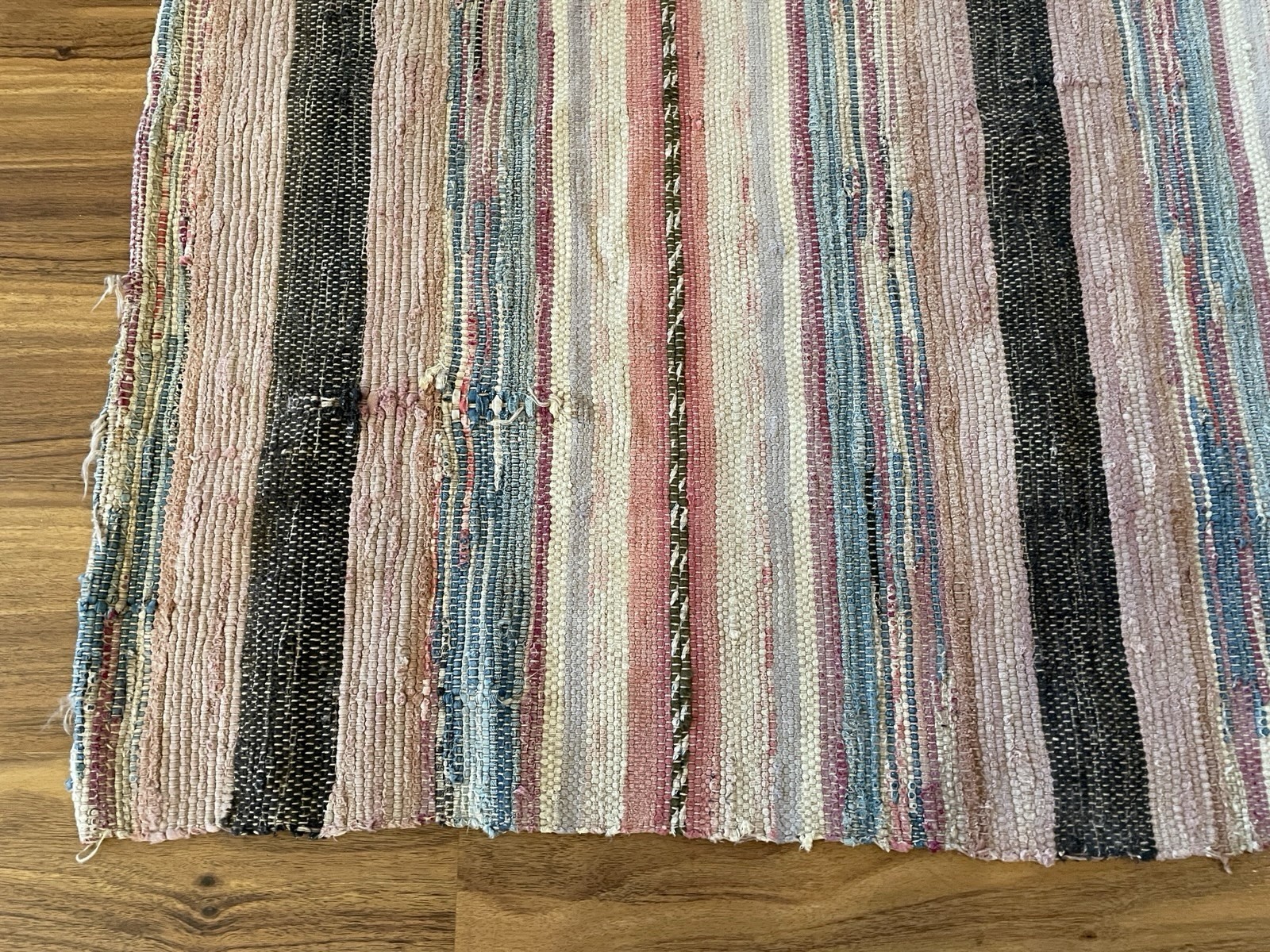 VTG Handmade Woven MCM Rag Rug 80×34 Farmhouse Country Blue Red Black Brown