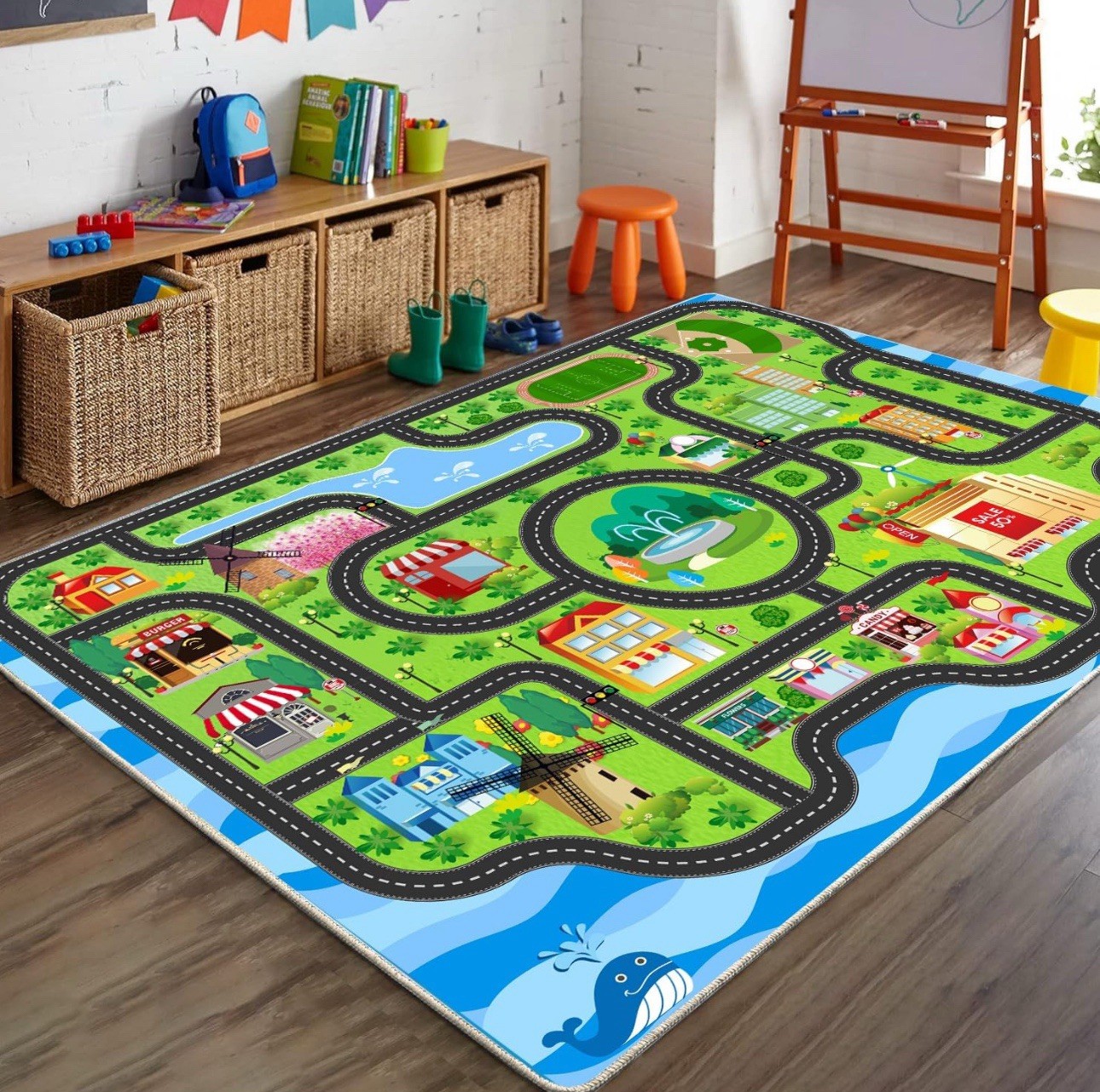 Car Rug, 4’11” x 6’7″ Kids Play Roads,Playroom Toy Car Rug, Car Track City Map