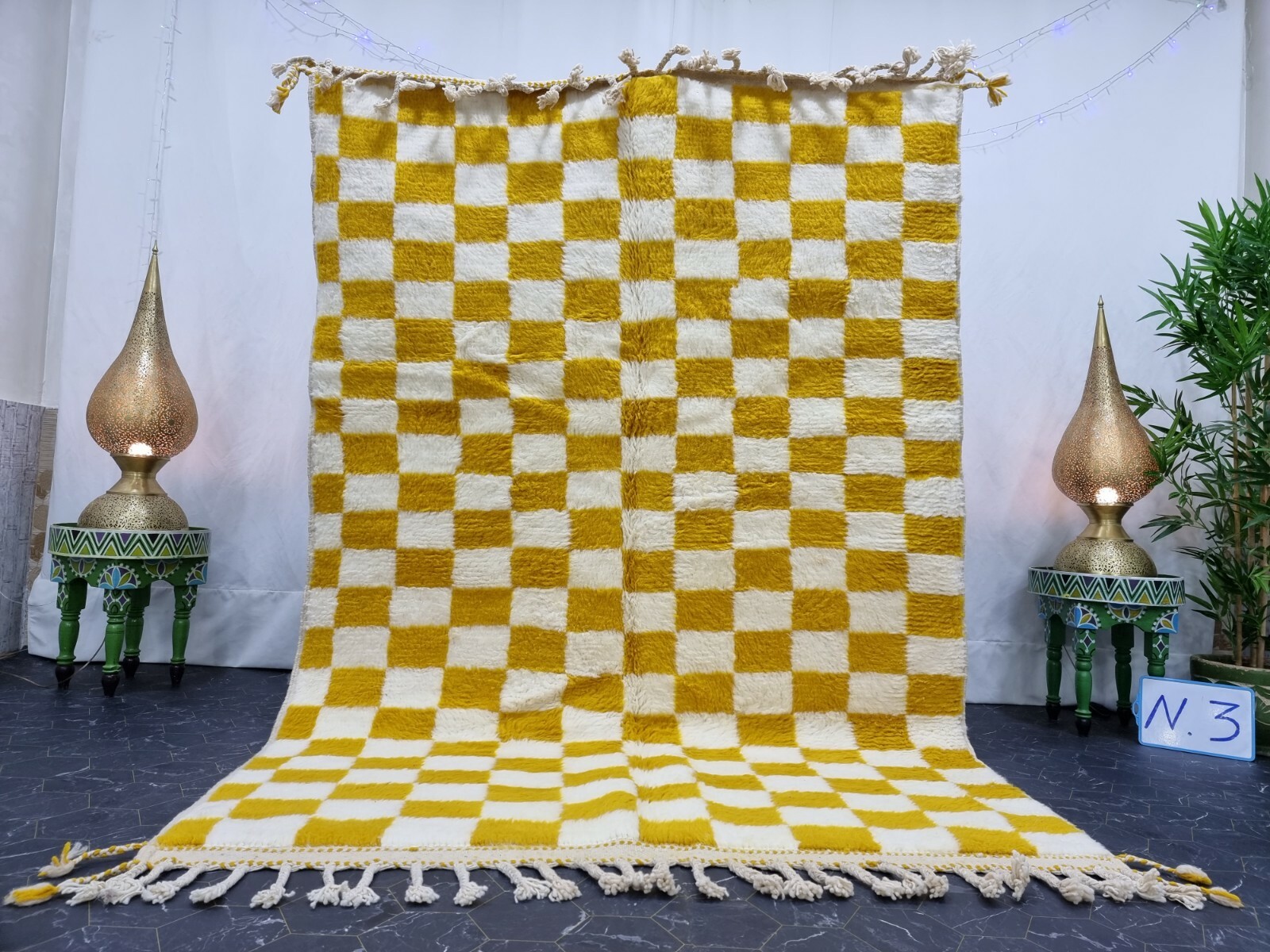 Handmade Moroccan Beni Ourain Rug 5’2″x7’7″ Checked Berber White Yellow Carpet