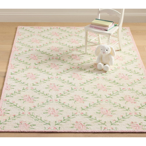 Hand-Tufted Wool Area Rug with Floral Design, Soft Pink & Green Home Decor