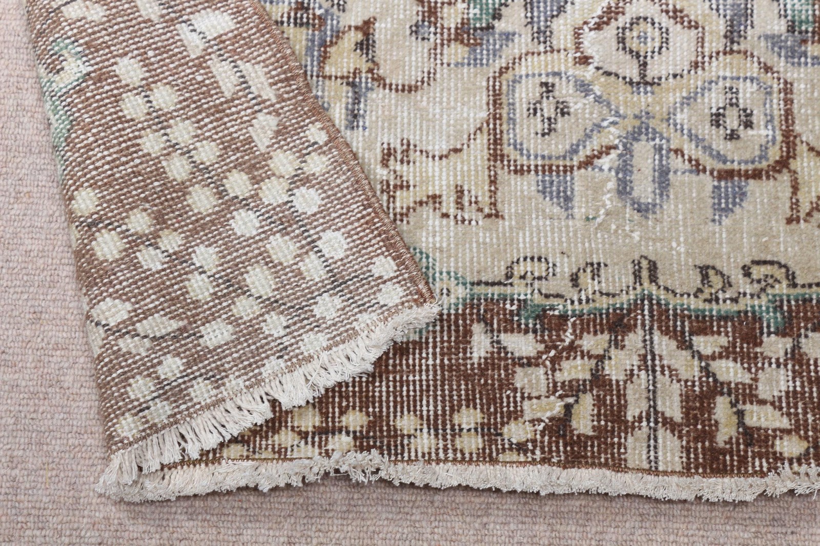 3,7×6,6 ft Area Vintage Rug, Turkish Rug, Brown White Floral Wool Rug