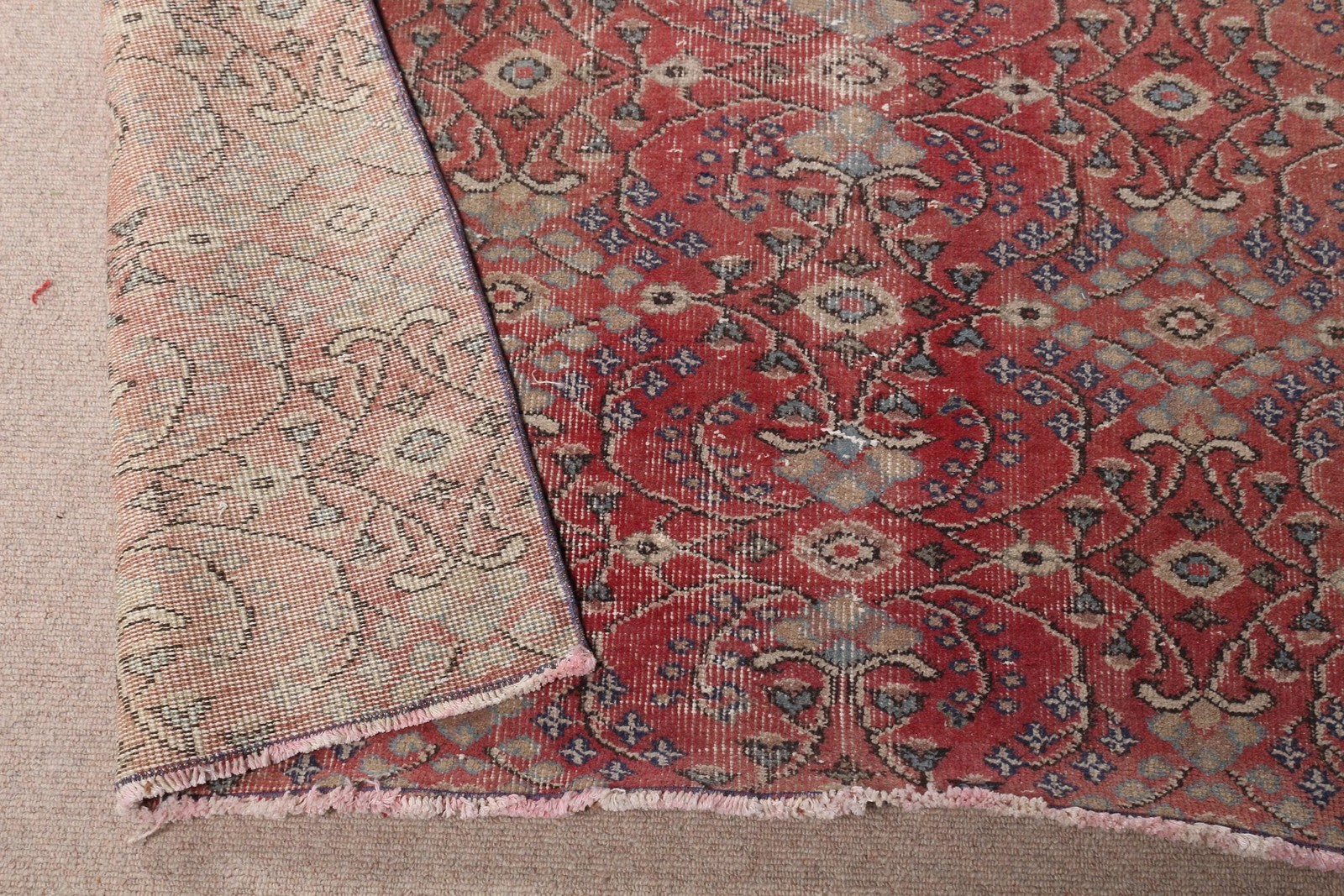 4,5×8,6 ft Vintage Area Rug, Red Blue Turkish Floral Wool Rug