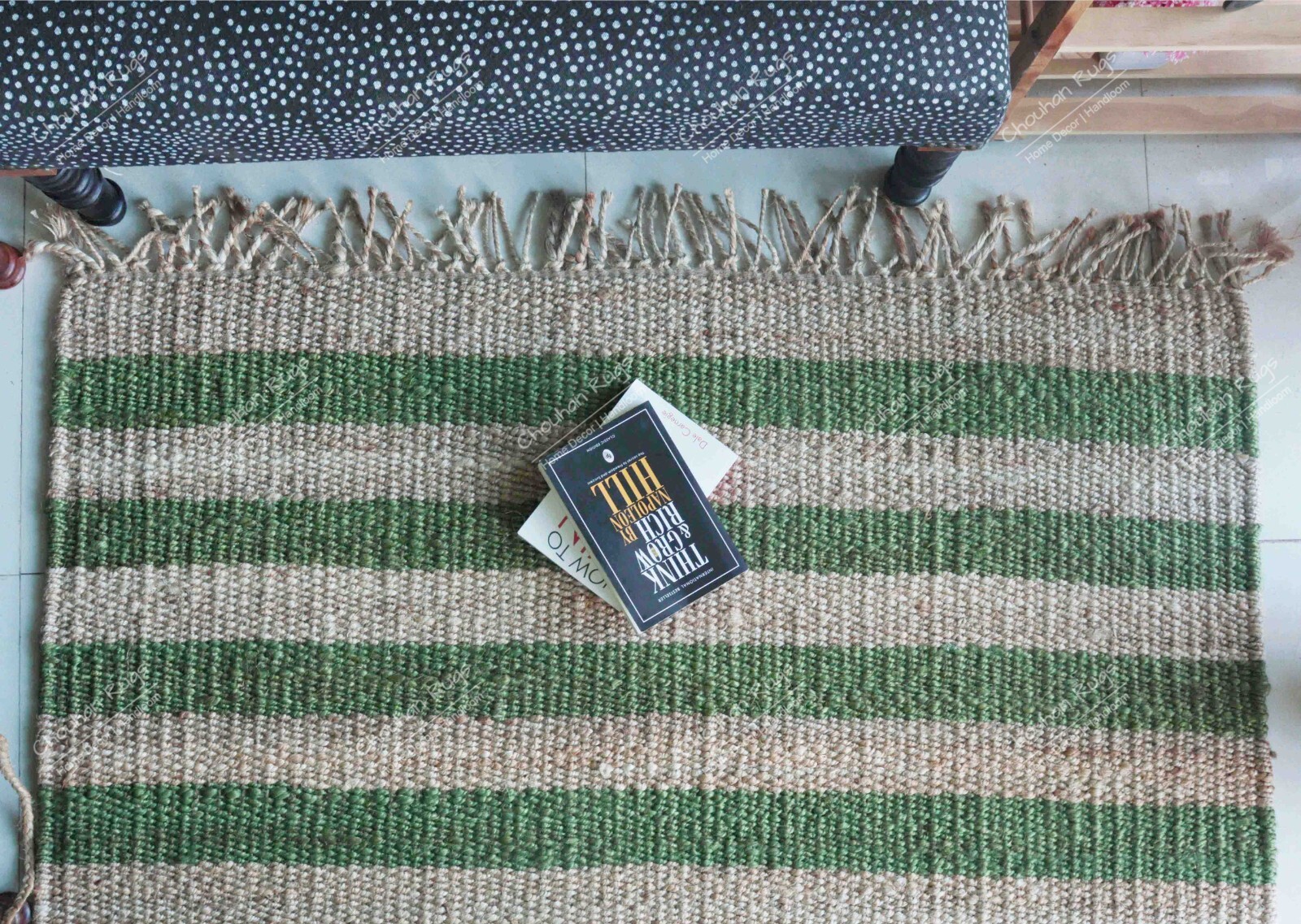 Beige Jute Rug And Green Stripes Line Natural Rectangle Rug Vintage Jute Rug