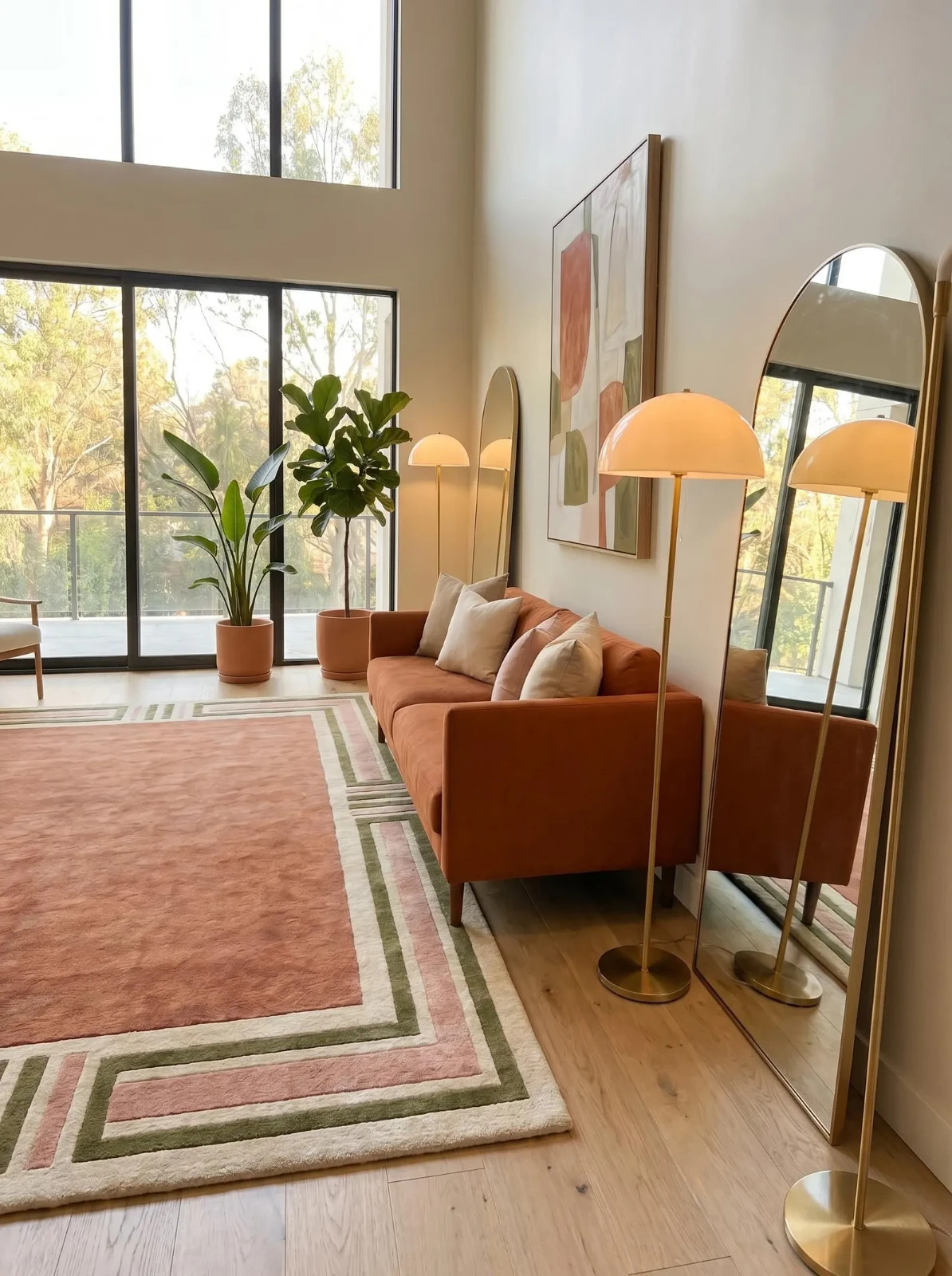 Hand Tufted Wool Rug 9×12 Large Modern Geometric Border Rug, Terracotta Area Rug