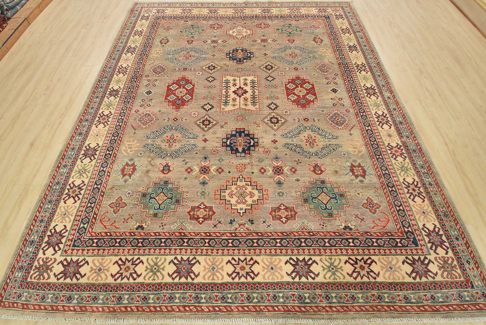Kazak Rug 8’1” x 10’2” Gray Wool Tribal Geometric Hand-Knotted Oriental Carpet