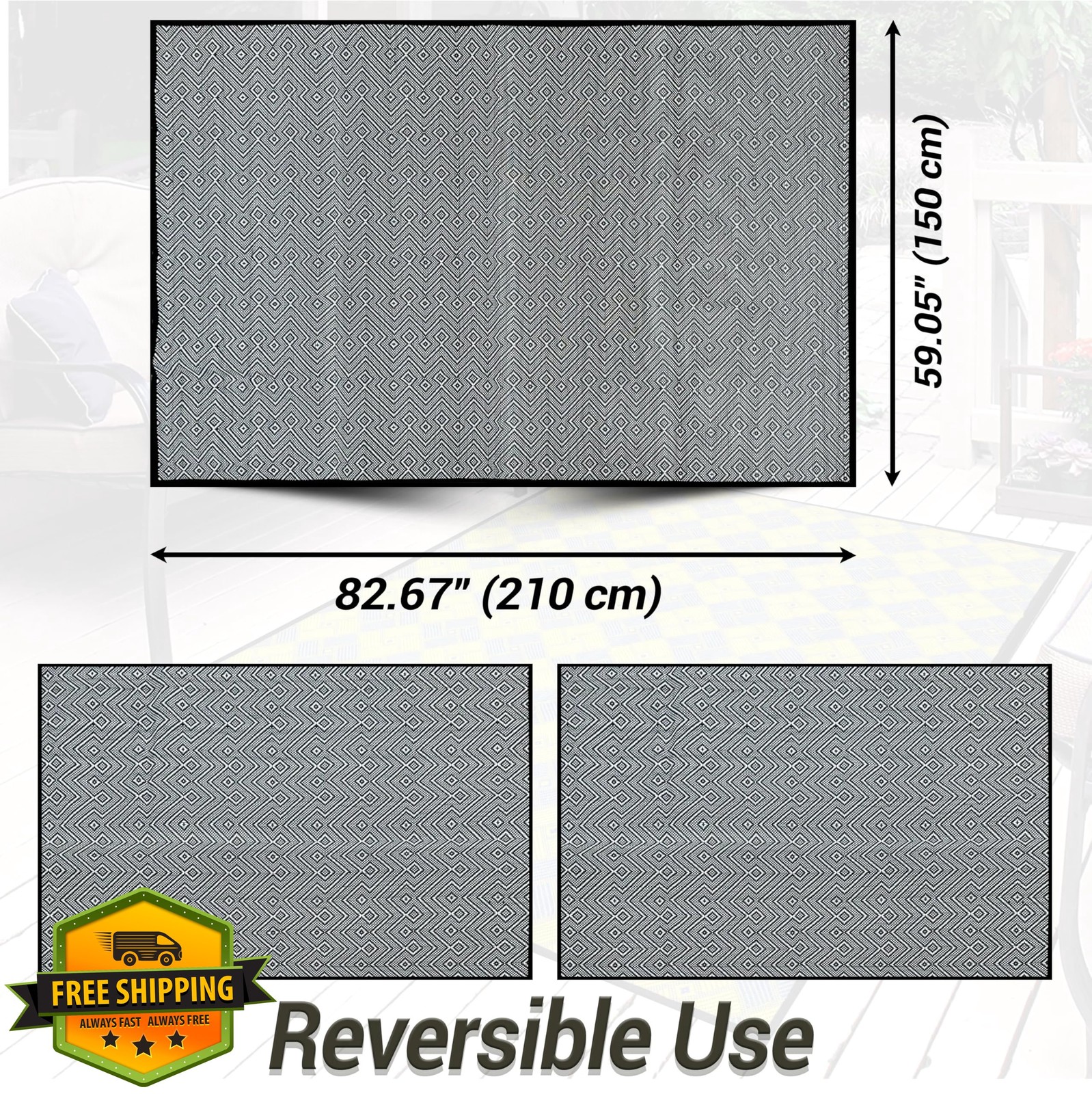 ARSUK Patio Rug Black White 4’11” x 6’11”