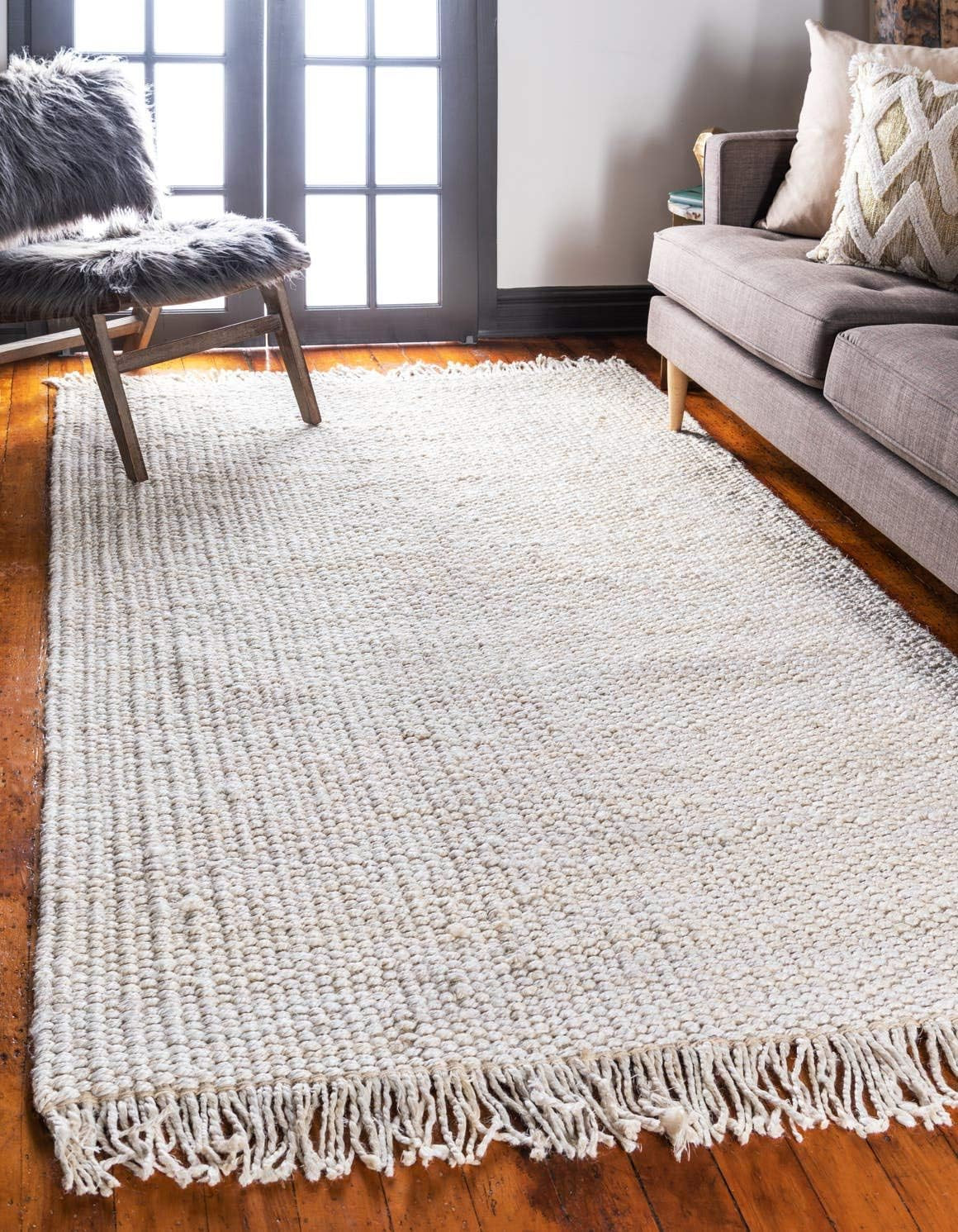 Chunky Jute Area Rug 8×10 Ft – Solid Ivory, Bohemian & Transitional Style