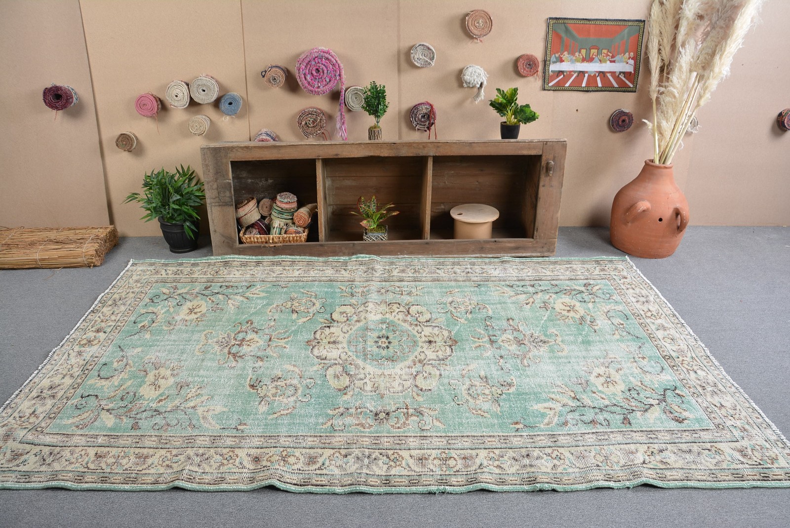 Turkish Vintage Large Rug 5,4×8,8 ft, Green White Camouflage Rug