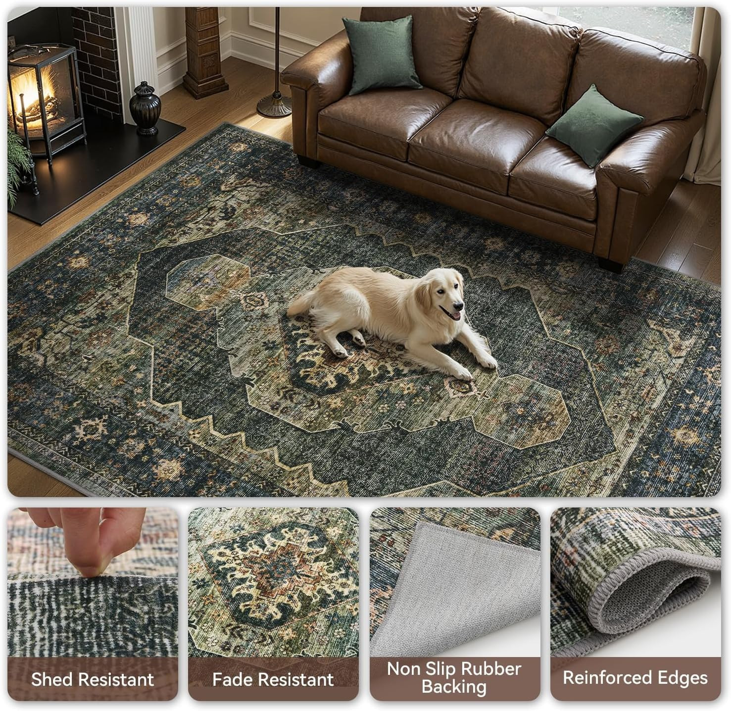 Olive Green Area Rug 6X9 Bedroom Rug Living Room Rugs Washable Soft Vintage Neut