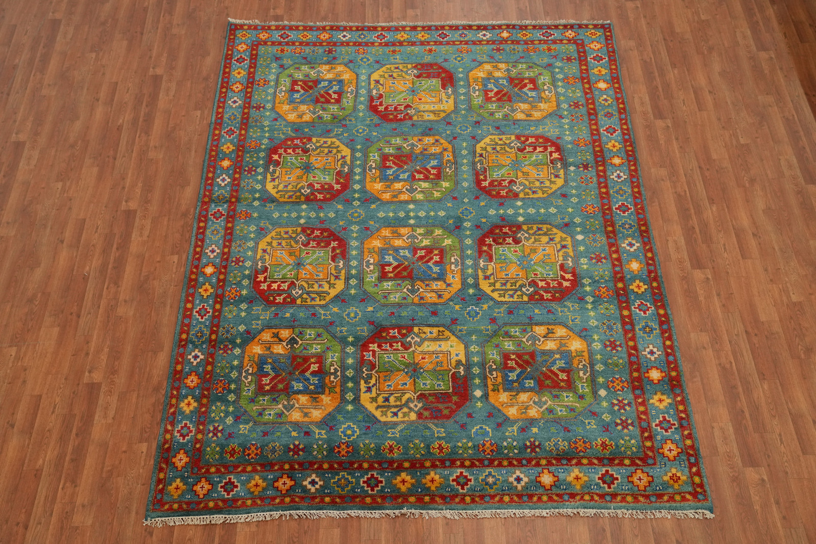 Handmade Green / Teal Traditional Wool Geometric Kazak Style Area Rug 8×10 Ft