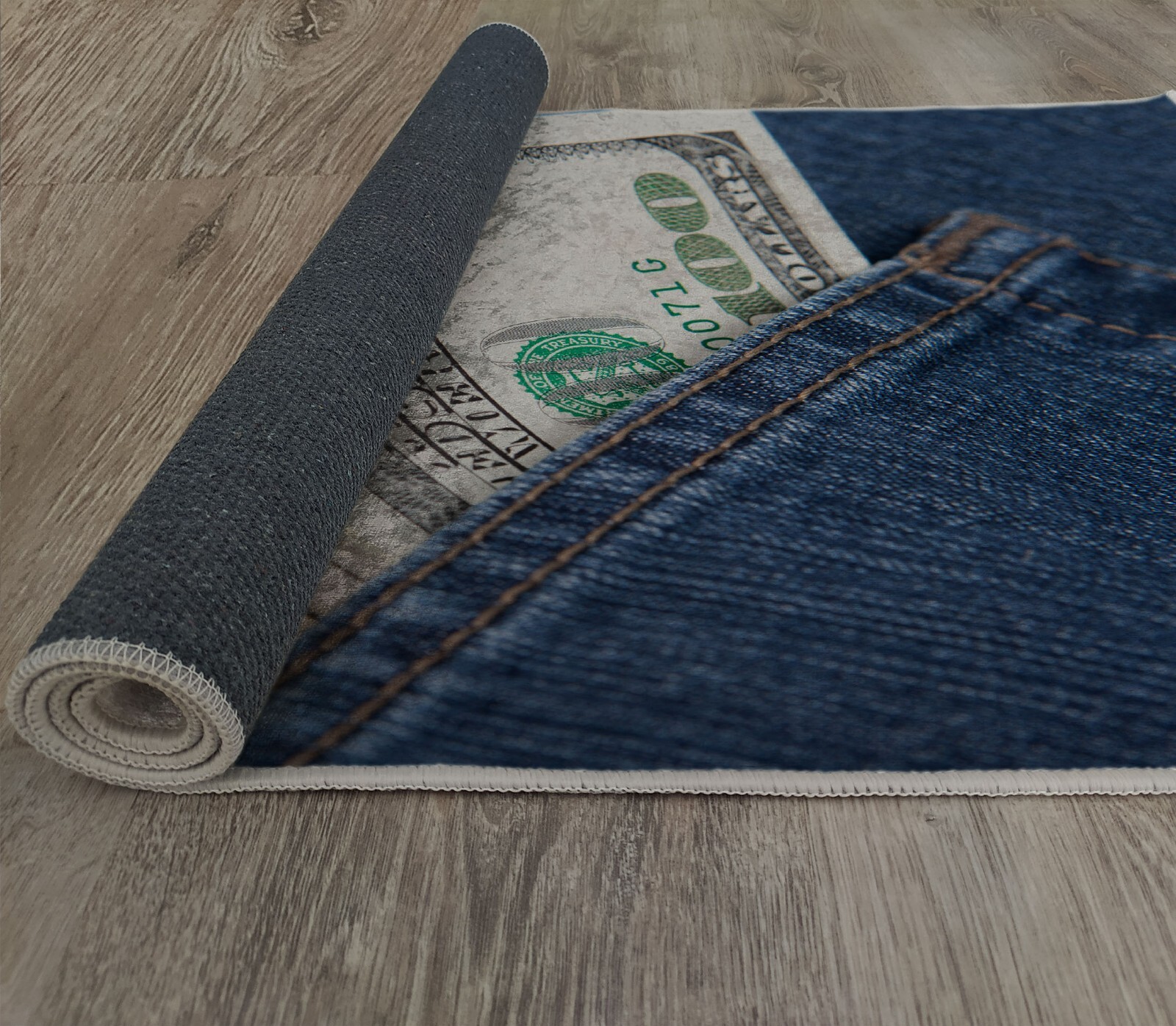 Money Pocket Rug, 3D Dollar Bill Design, Denim Jeans Carpet, Unique, 100 Usd