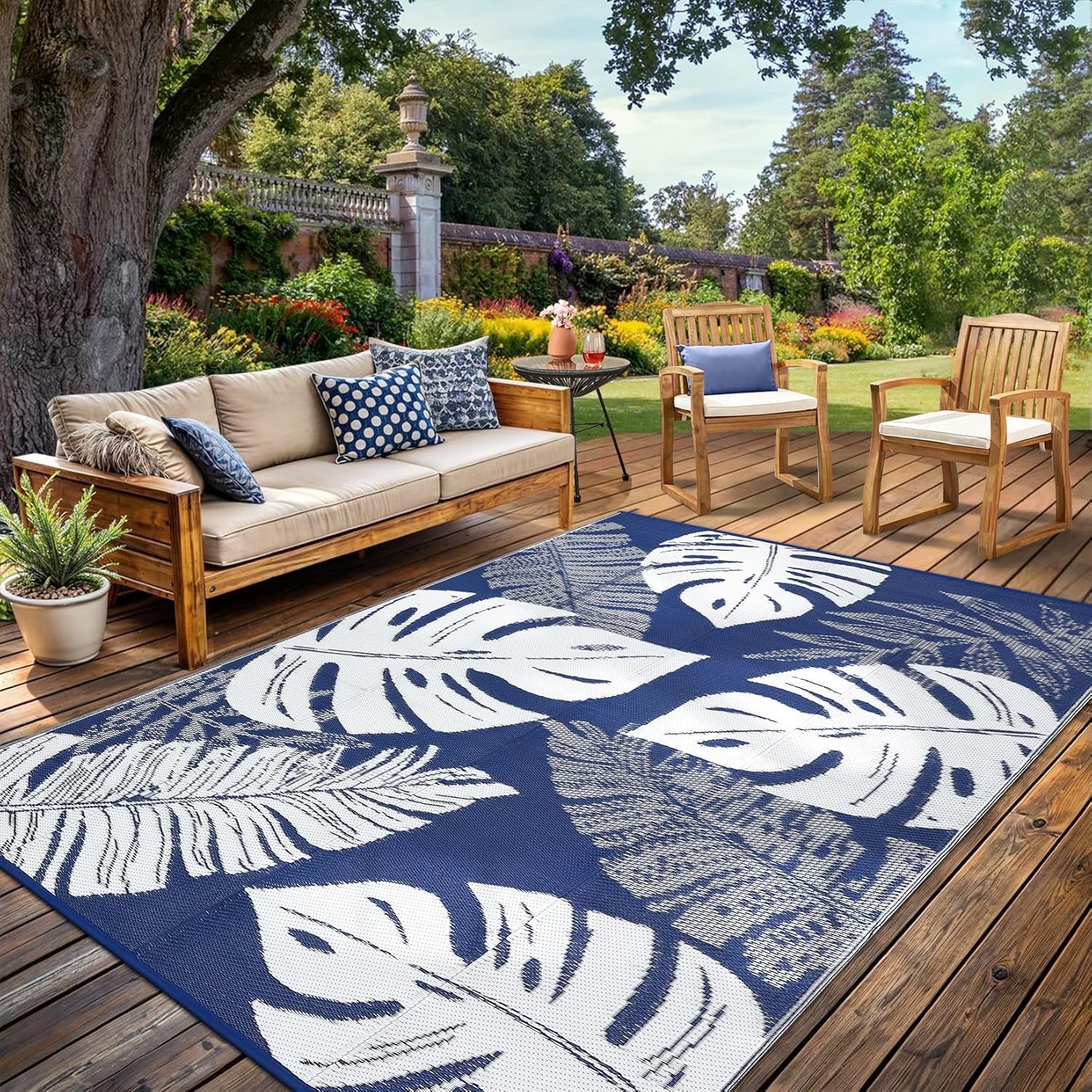 8x10FT Indoor Outdoor Rug Waterproof Plastic Tropical Leaves Patio Carpet RV Mat