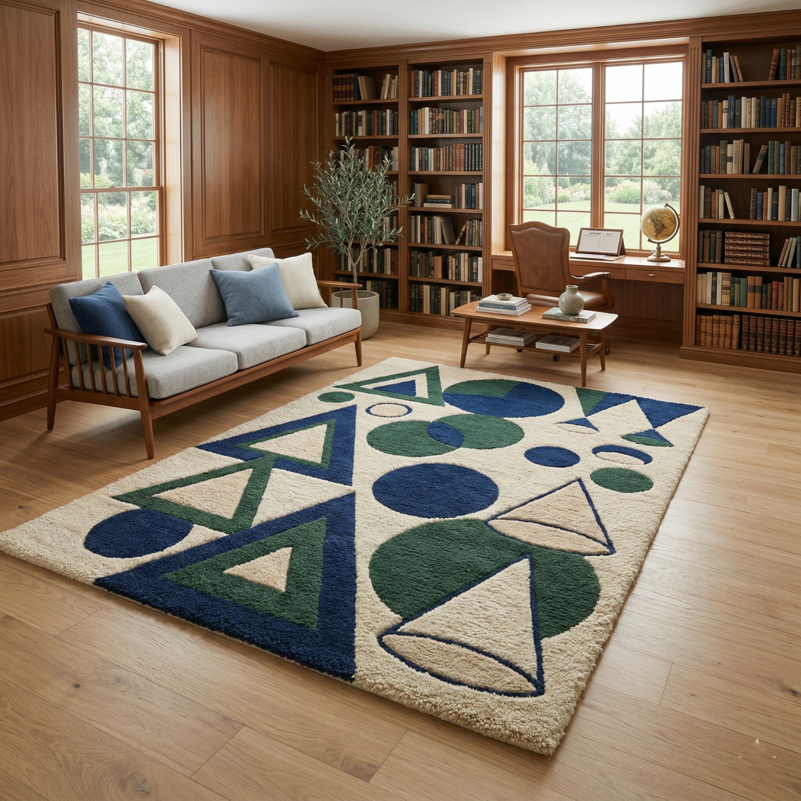 9×12 Hand Tufted Wool Area Rug Navy Green Geometric Modern Carpet Living Room