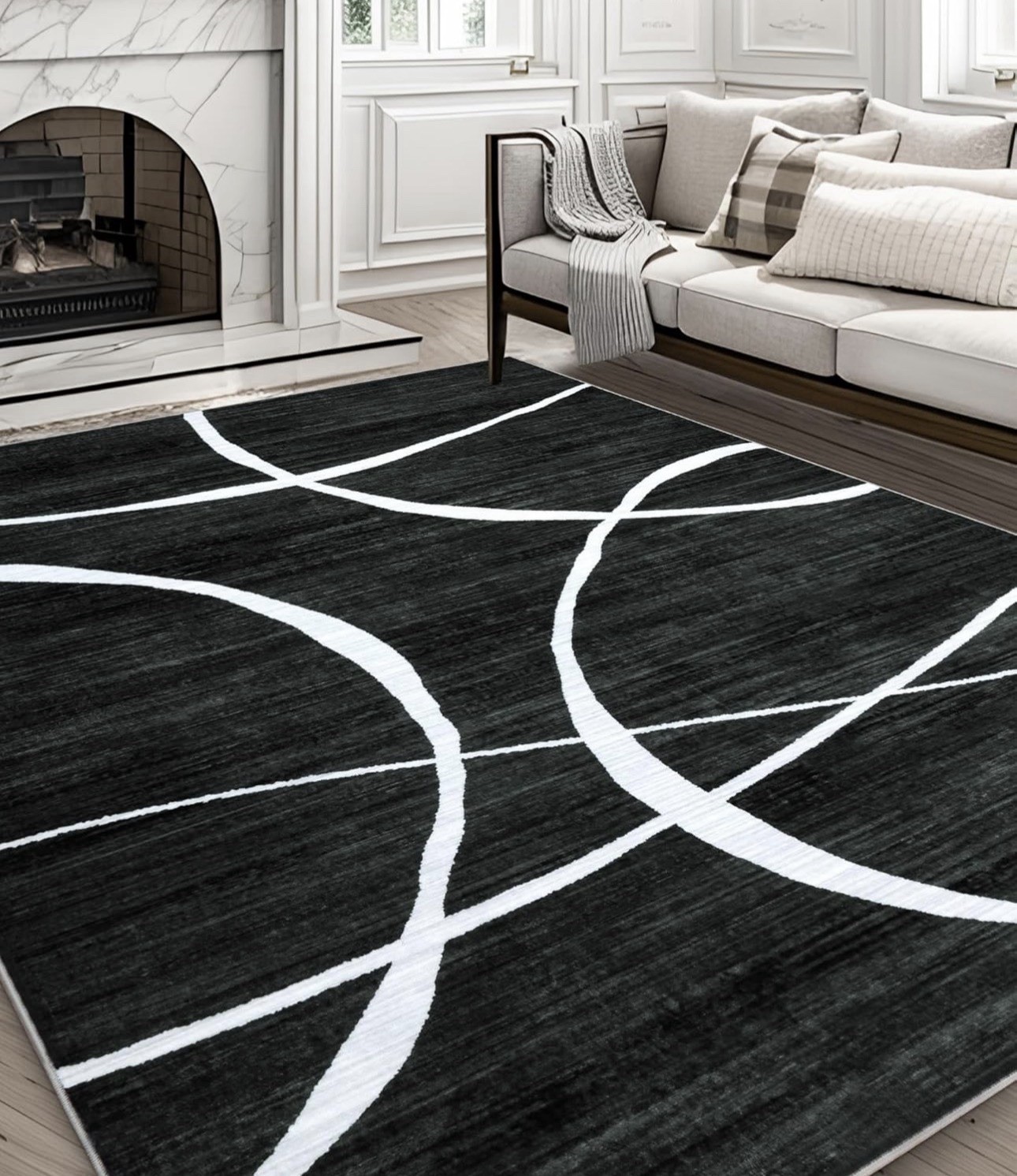 Black/White Geometric Rectangle Area Rug 5×8 ft, Washable Low Pile