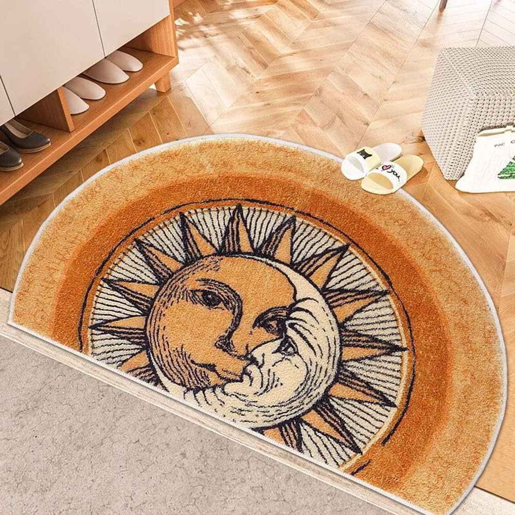 Semi-Circular Area Rugs 31.5X47.3 Inch Sun and Moon Mat,Yellow Boho Rug,Non-Slip