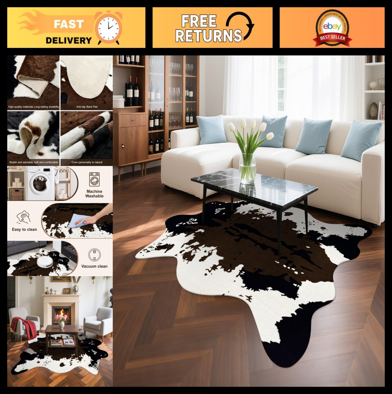 Large Faux Cowhide Rug 4.6×5.2 Ft – Premium Cow Print Area Carpet for Home Decor