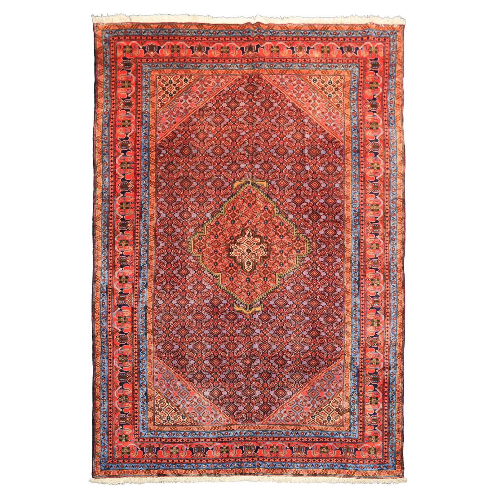 6’5”x9’6” Hand Knotted Wool Navy Orange Meshkinn Vintage Vegetable dyes Rug