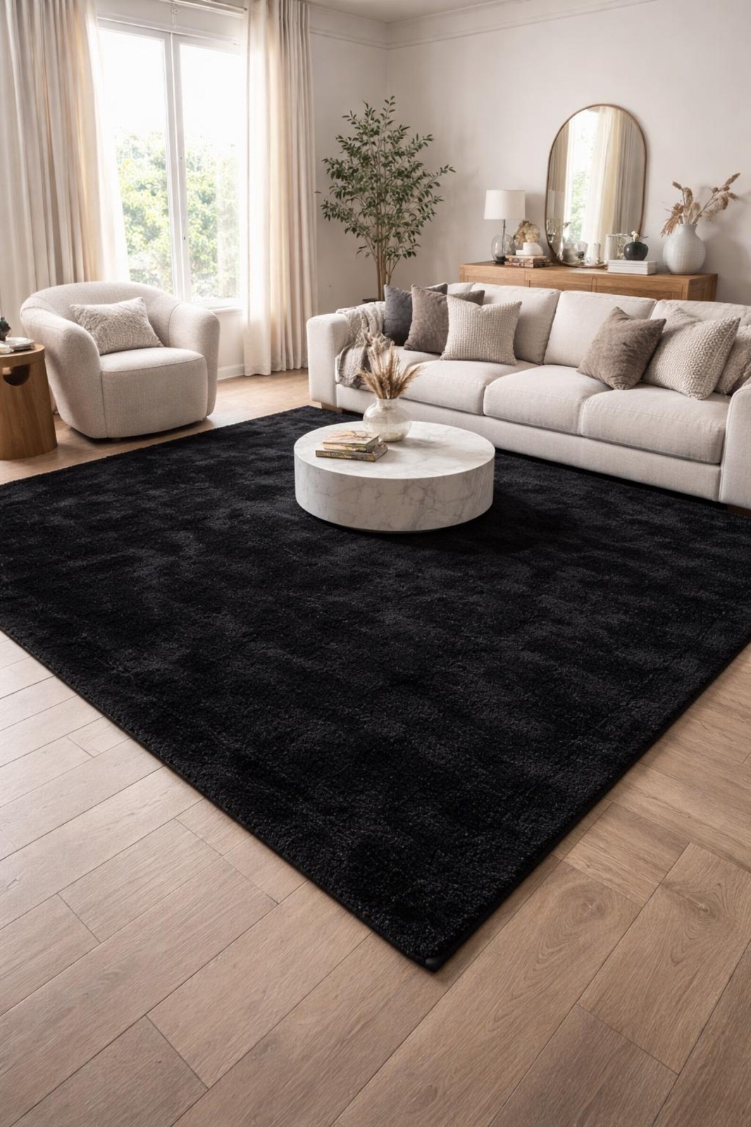 Luxury Solid Black Hand Tufted Wool Rug | Plush Thick Cut Pile Area Carpet & Rug