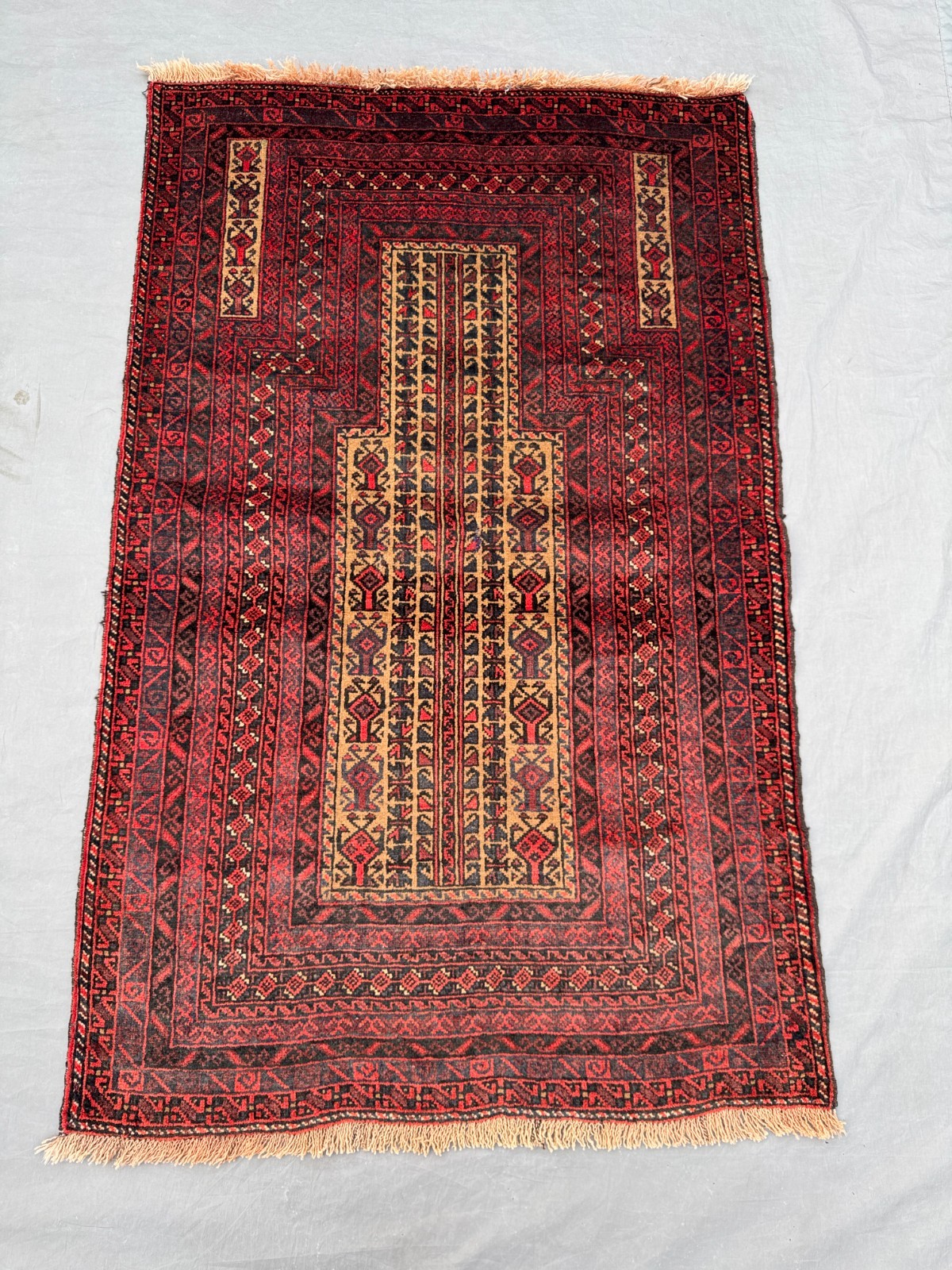2’10 x 4’5 Ft Bold Afghan Baluchi Tribal Rug – Deep Red Geometric Wool Carpet