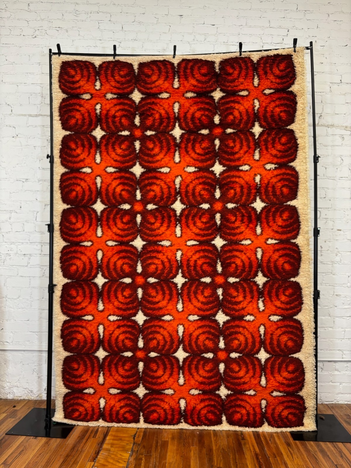 70s Bic Belgium Orange Red 15 Symmetric Shapes UNUSED Danish Rya Rug Mid Century