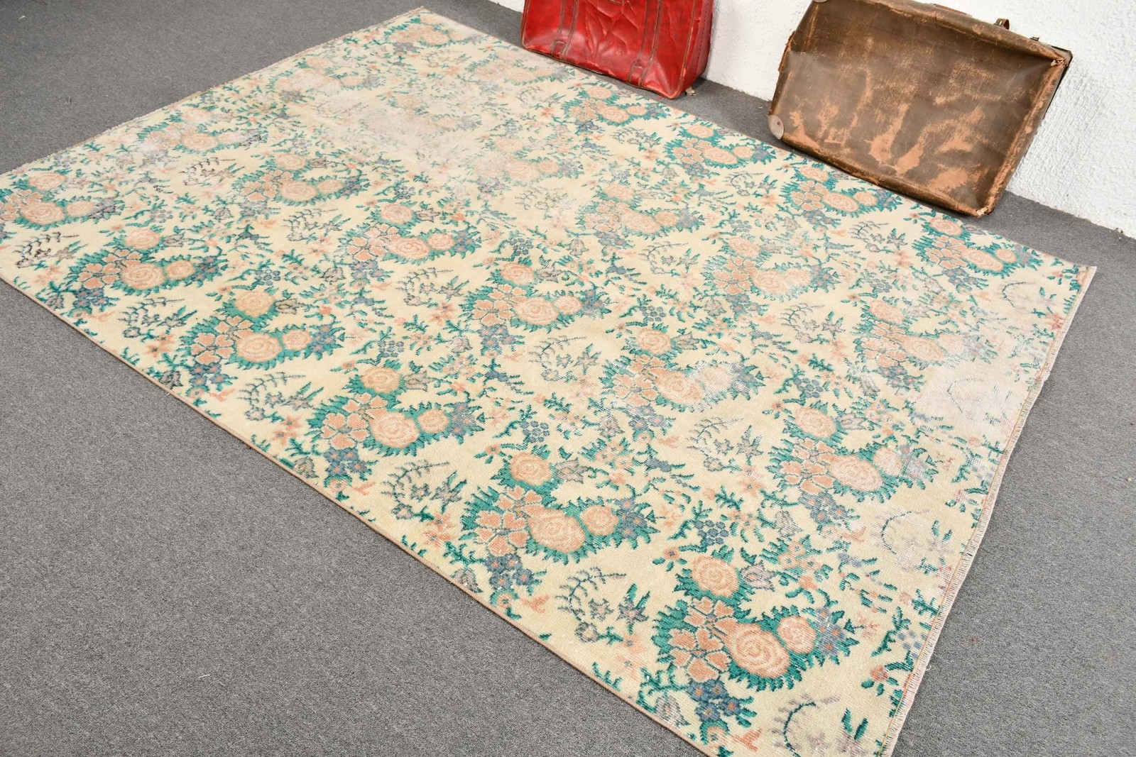6,1×8 ft Turkish Rug, Vintage Large Rug, Green Patchwork Wool Rug