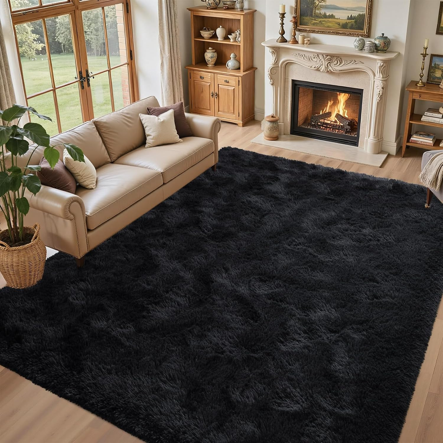 5X7 Black Area Rugs for Living Room, Large Fluffy Shag Bedroom Rugs Non-Slip, U