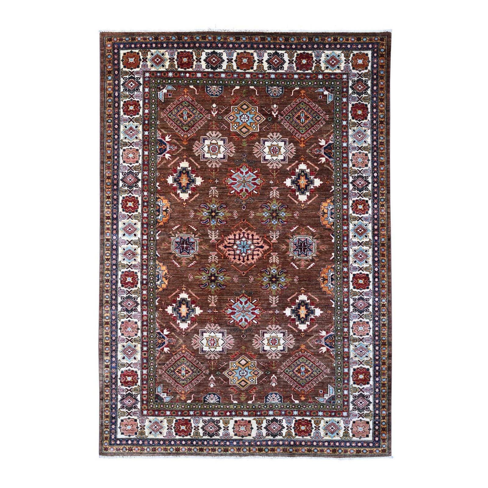 6’x8’10” Brown Hand Knotted Geometric Pattern Super Kazak Oriental Rug R89300