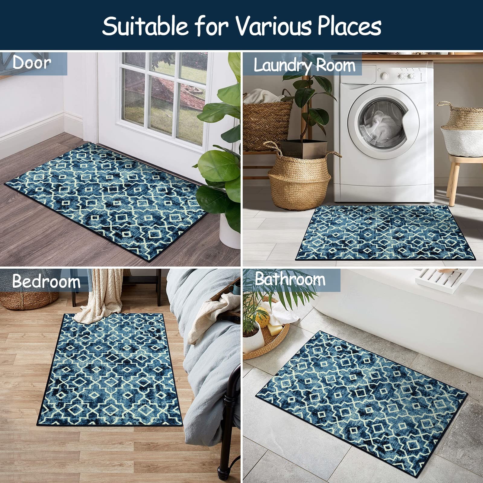 Moynesa Washable Moroccan Area Rug – 2×3 Small Blue Kitchen Bath Rug, Soft Non-S