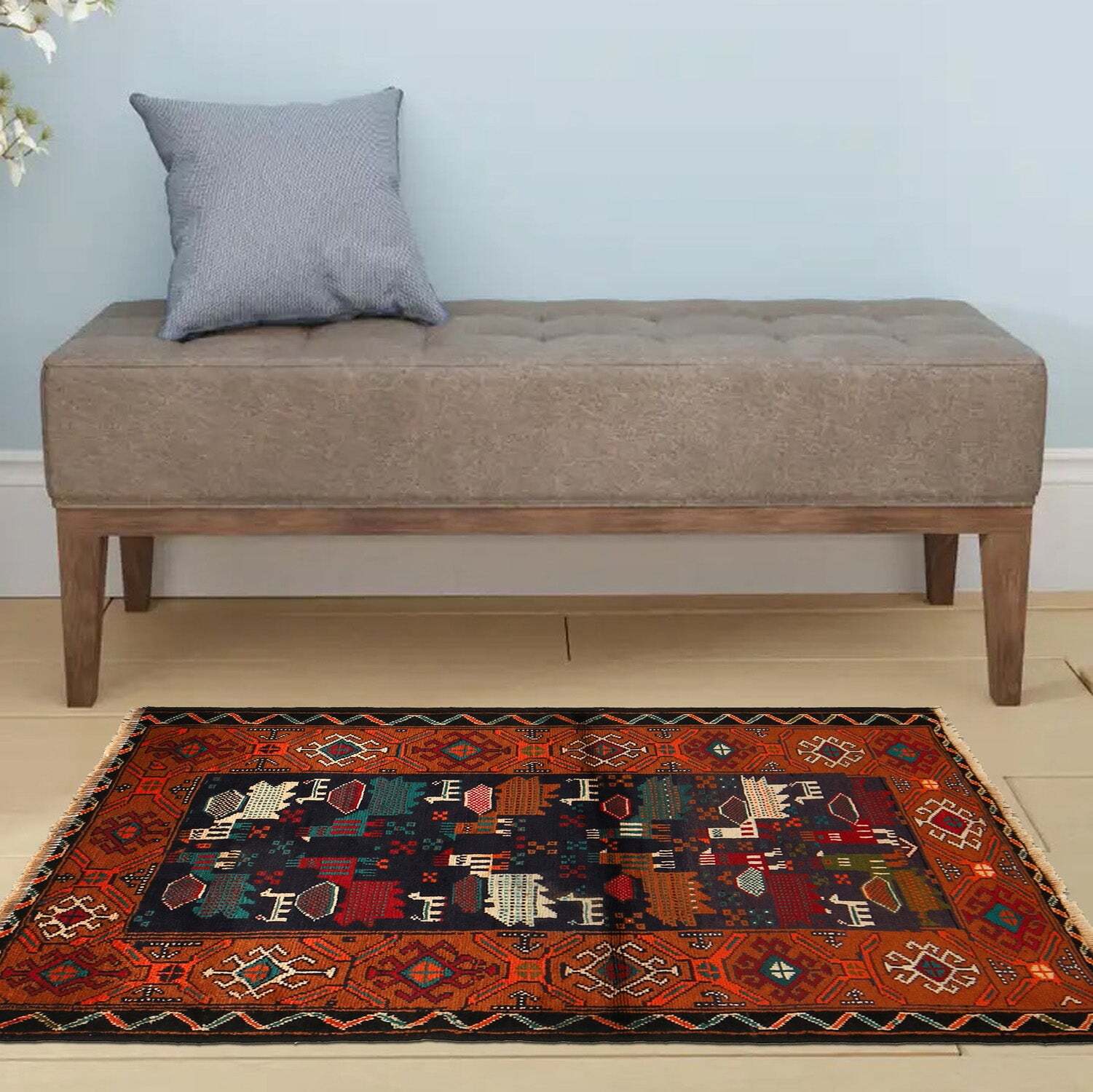 3×4′ Pictorial Tribal Wool Handmade Rug Primitive Dogs #P971