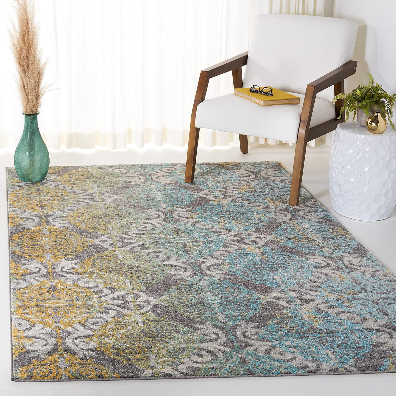 Evoke Collection 9′ Square Area Rug, Grey & Ivory Medallion Design, Easy Care