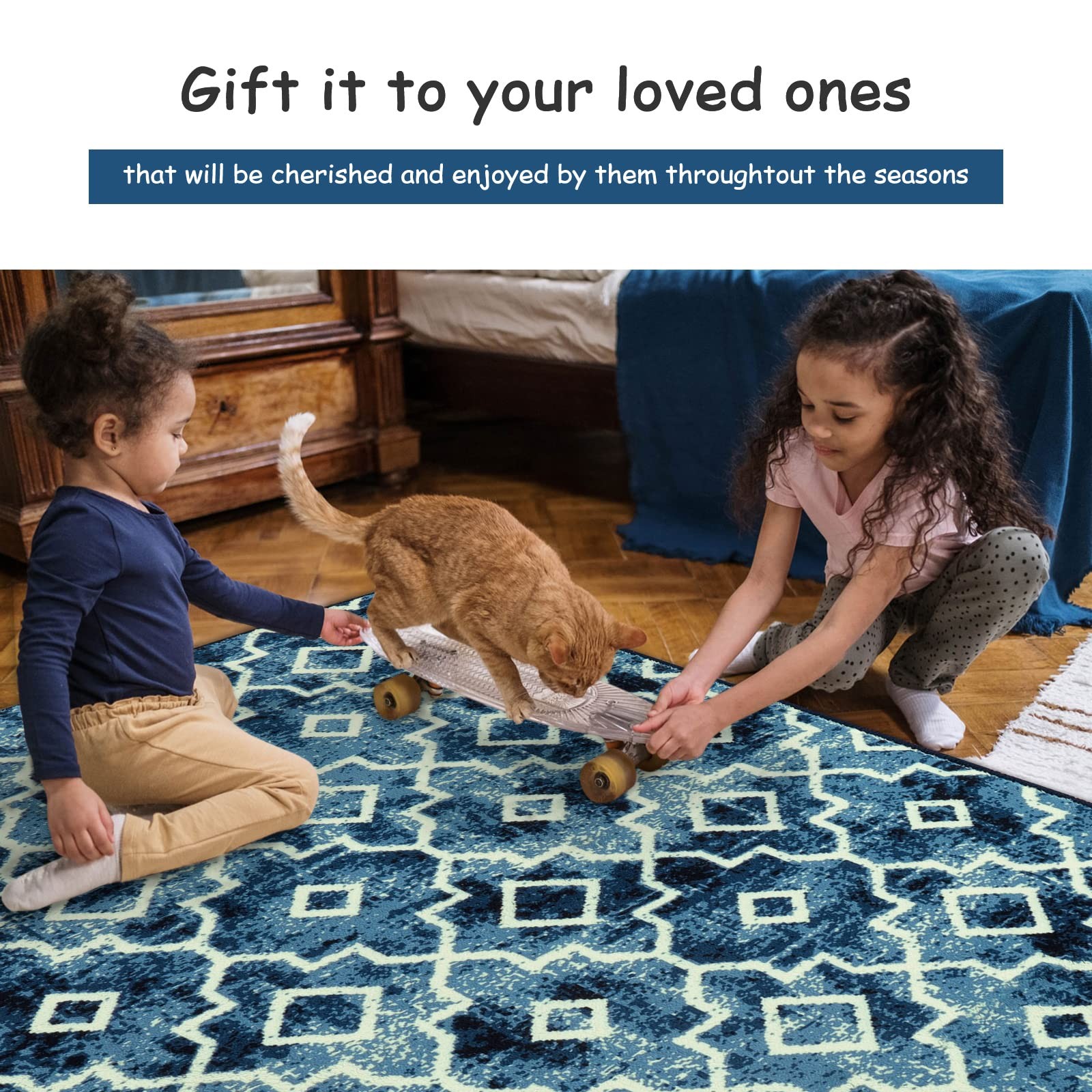 Moynesa Washable Moroccan Area Rug – 2×3 Small Blue Kitchen Bath Rug, Soft Non-S