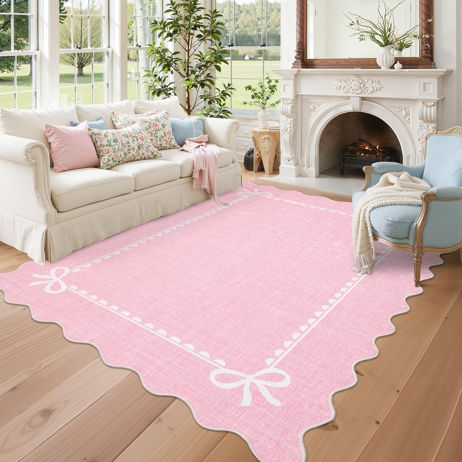 Scalloped Bow Rug for Living Room, Solid Pink Rug for Dorm, Washable Rugs 5×7