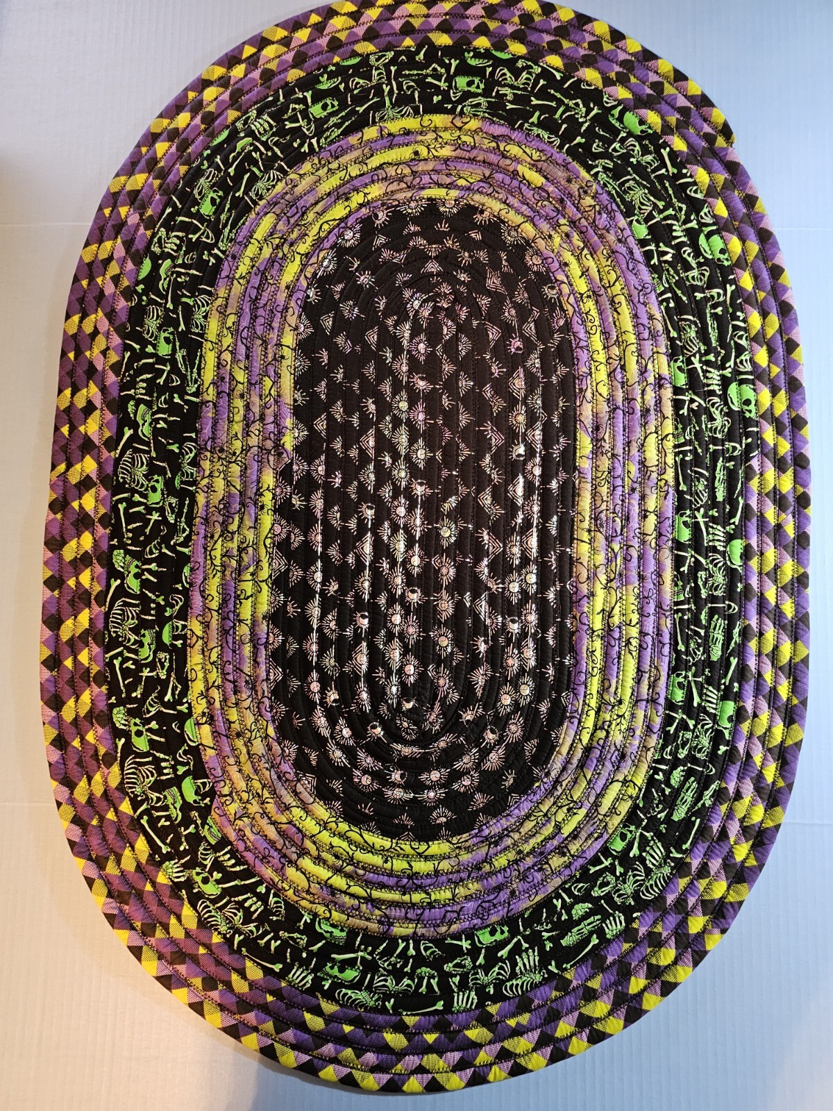 HANDMADE HALLOWEEN DESIGN JELLYROLL RUG WITH METALLIC AND GLOW IN DARK FABRIC