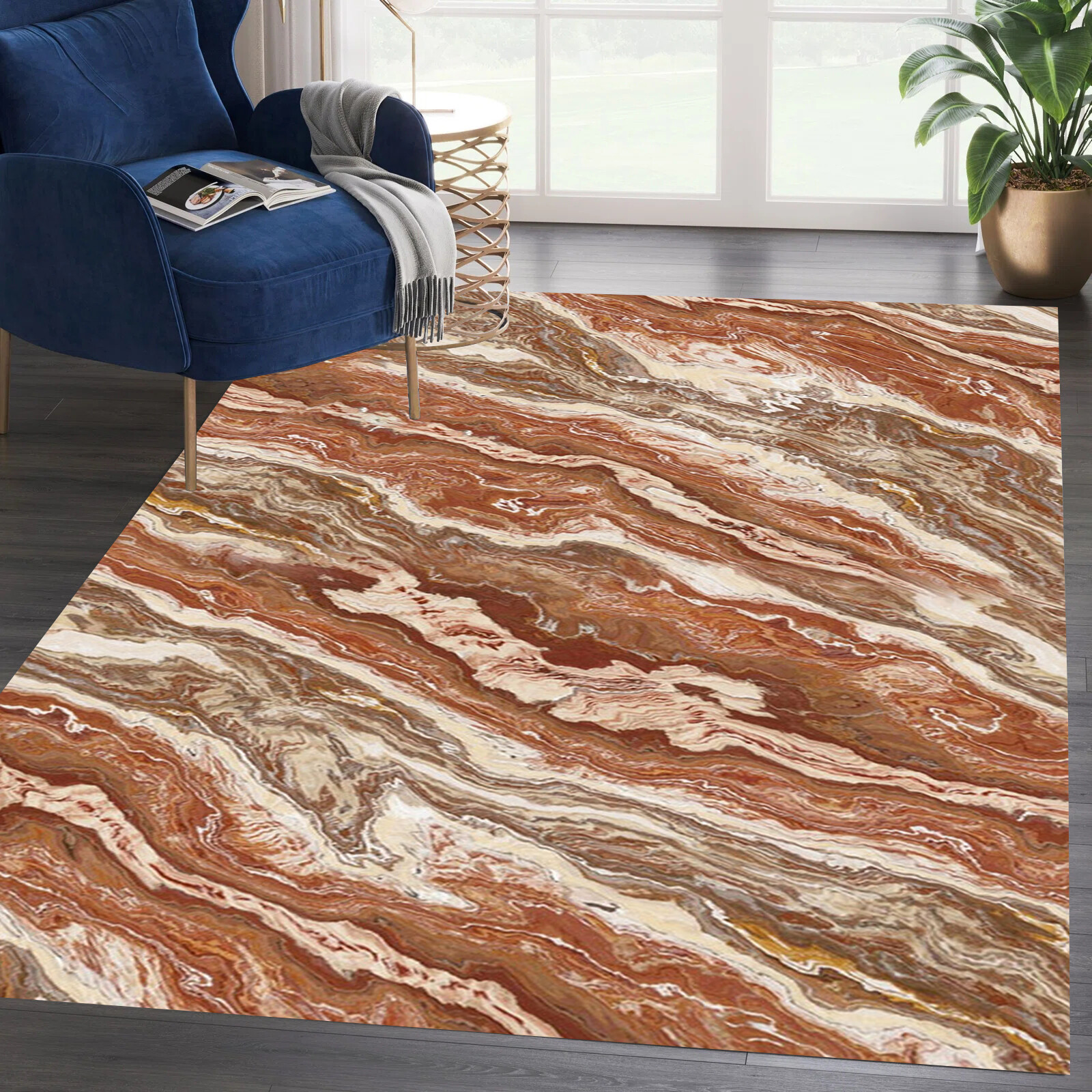 Modern Luxury Abstract Marble Beige Brown Swirl Texture Area Rug for Living Room