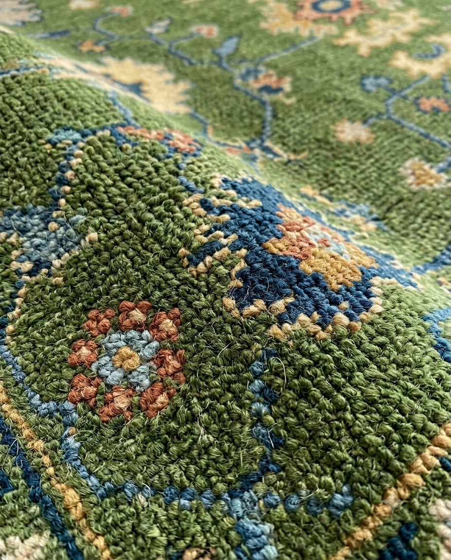 Hand Knotted Olive Green Oushak Rug Wool Floral Area Rug Living Room